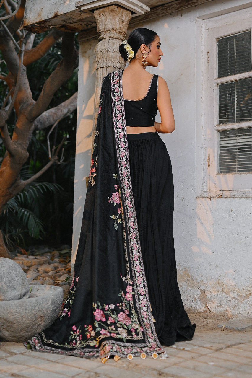 Pakistani Black Embroidered Khaddi Silk Lehenga (3-Piece) - Image 2