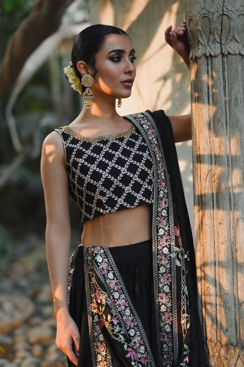 Pakistani Black Embroidered Khaddi Silk Lehenga (3-Piece) - Image 3