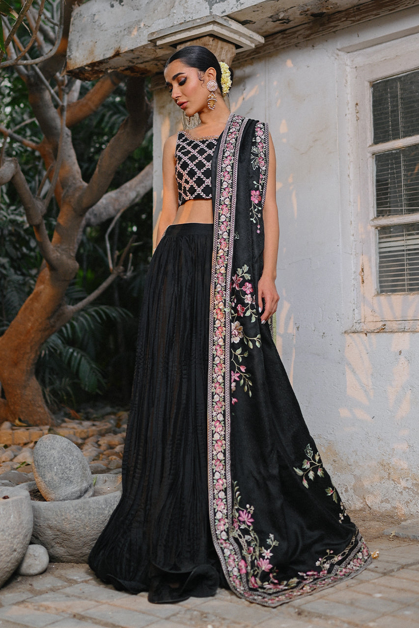 Pakistani Black Embroidered Khaddi Silk Lehenga (3-Piece) - Image 4
