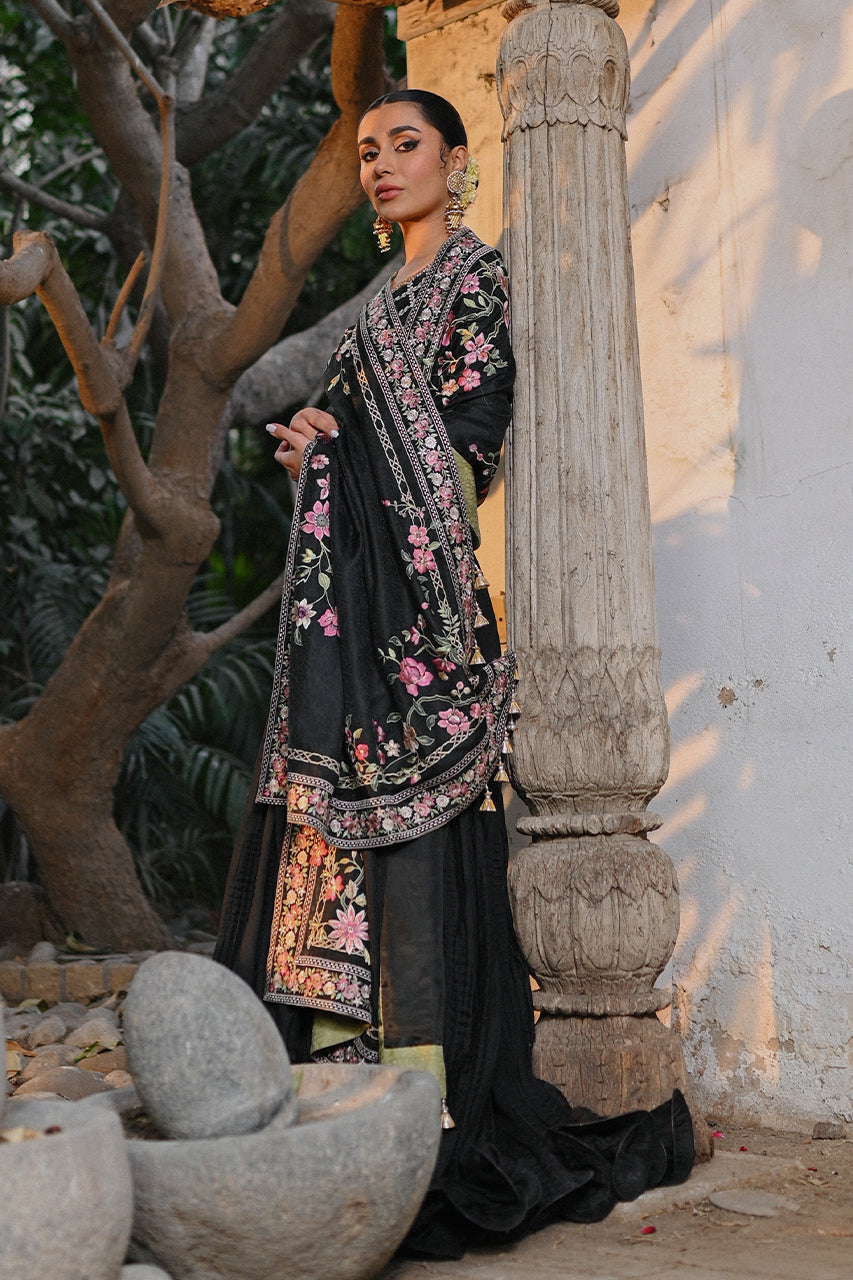 Pakistani Black Embroidered Khaddi Silk Lehenga (3-Piece) - Image 5
