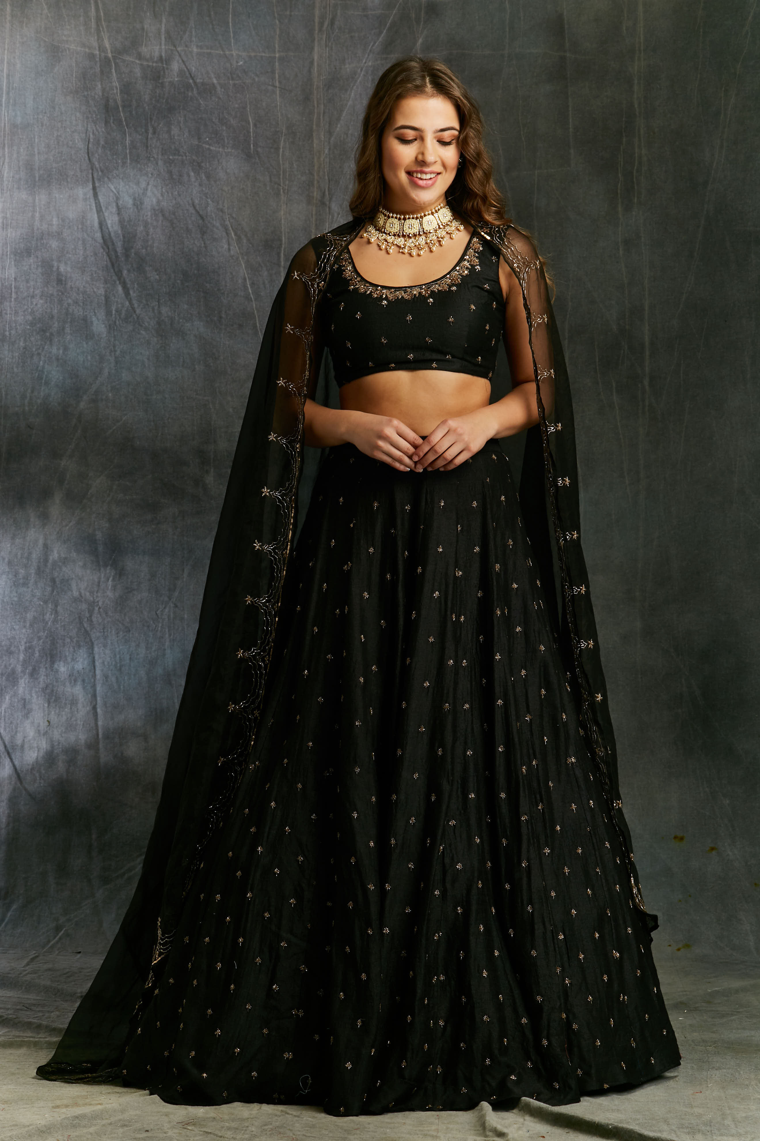 Black Embroidered Mooga Silk Lehenga (3-Piece) - Image 1