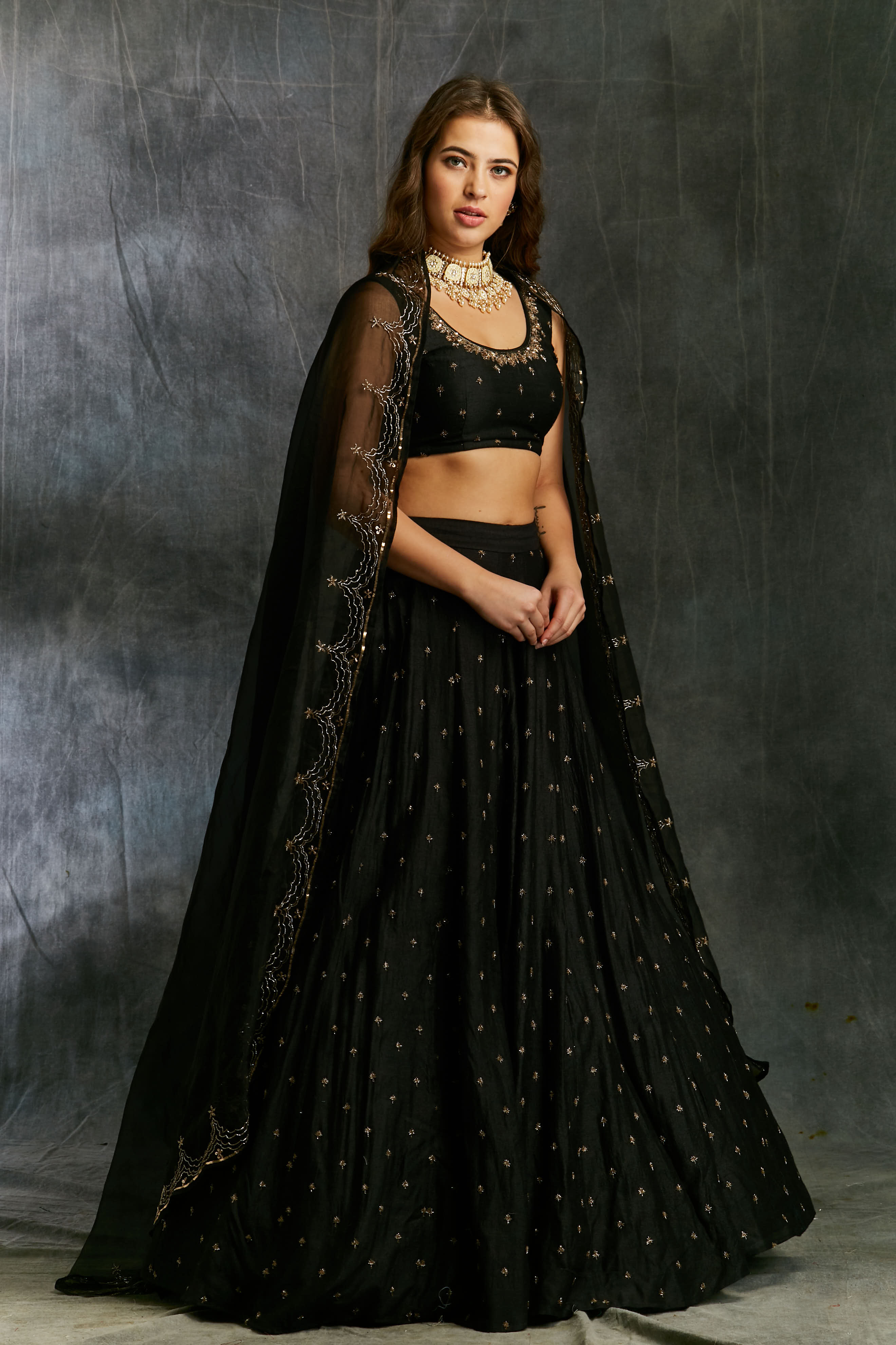Black Embroidered Mooga Silk Lehenga (3-Piece) - Image 3