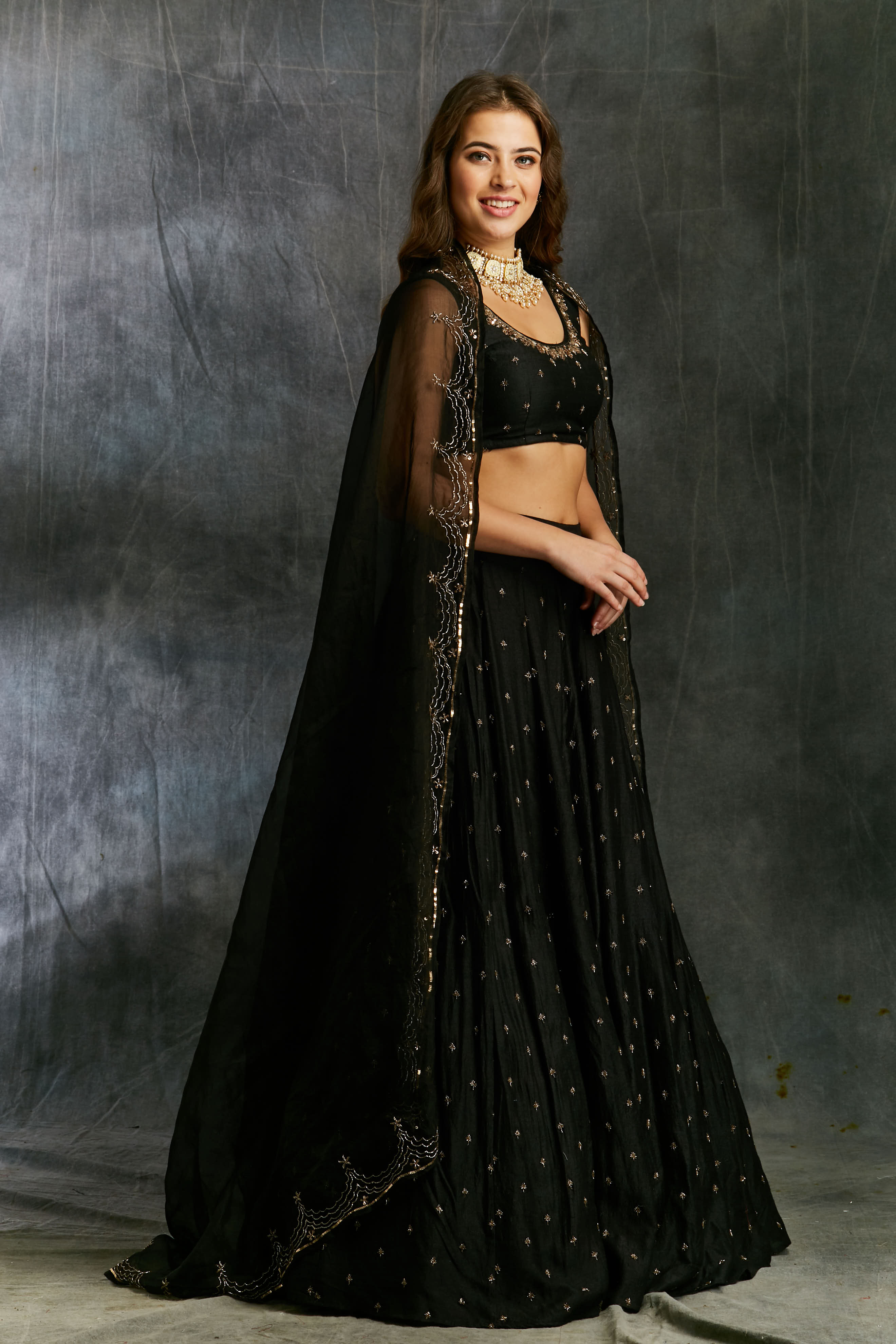 Black Embroidered Mooga Silk Lehenga (3-Piece) - Image 4