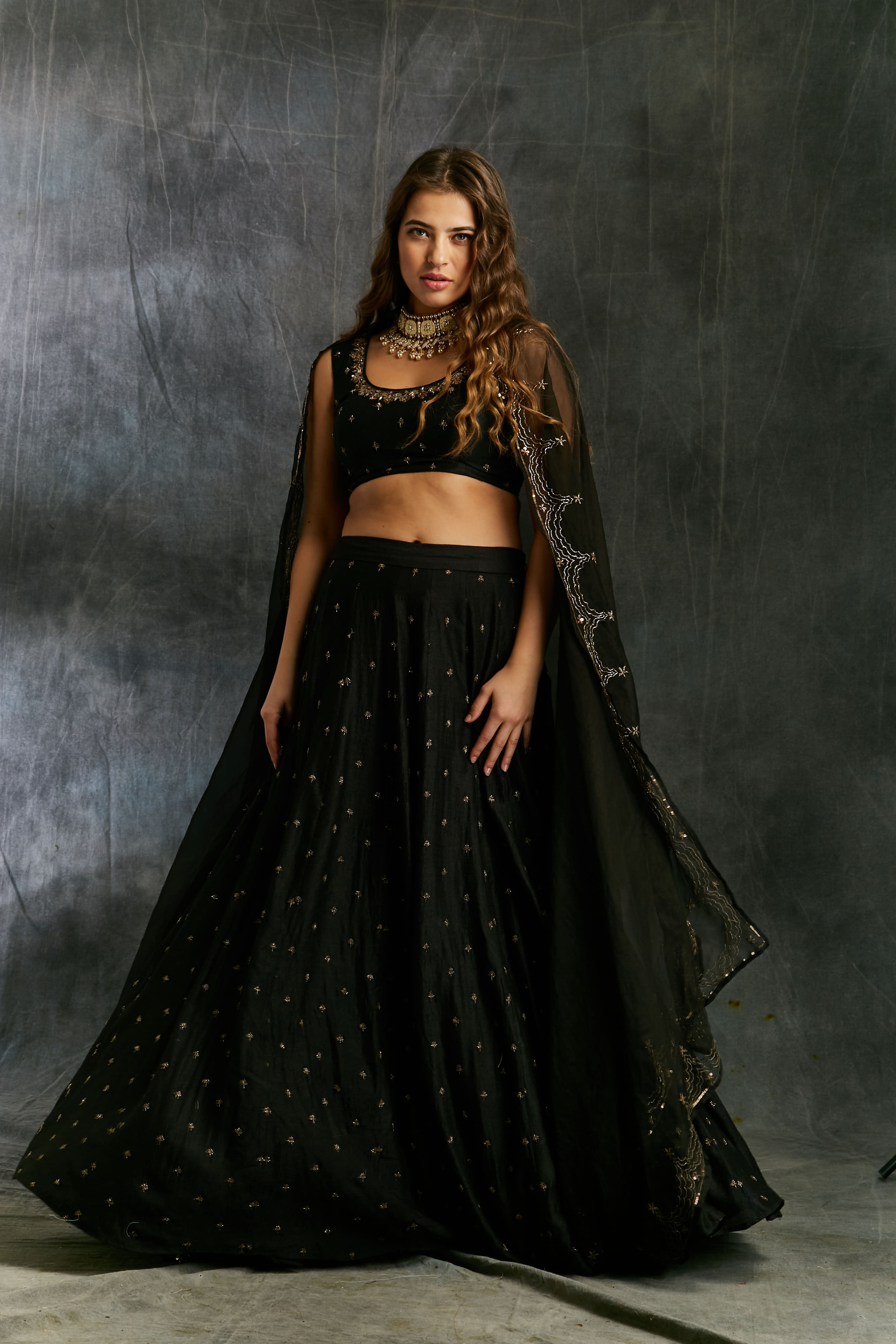 Black Embroidered Mooga Silk Lehenga (3-Piece) - Image 6