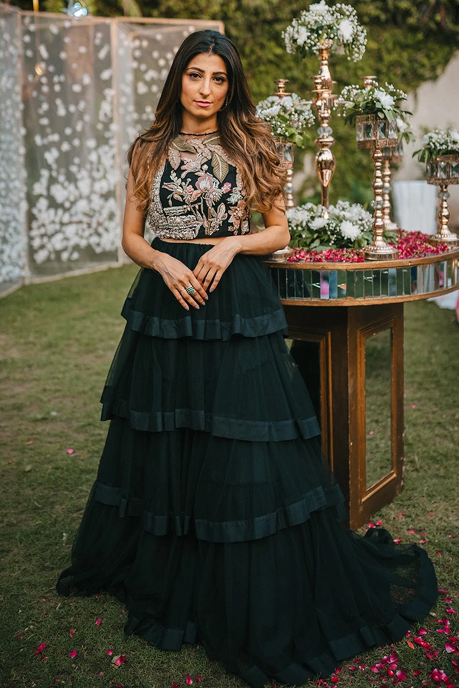 Pakistani Black 3D Jewel Embroidered Net Lehenga (2-Piece) - Image 1