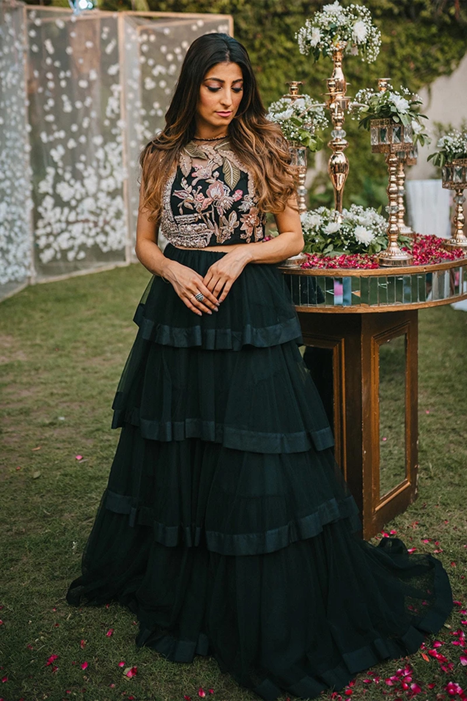 Pakistani Black 3D Jewel Embroidered Net Lehenga (2-Piece) - Image 3