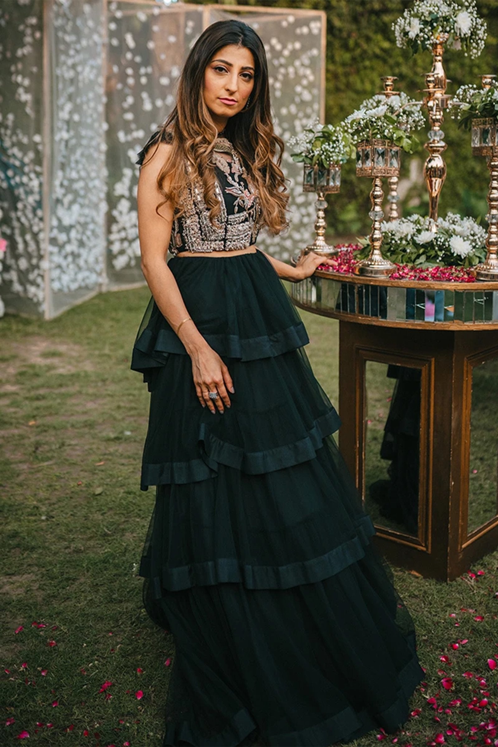 Pakistani Black 3D Jewel Embroidered Net Lehenga (2-Piece) - Image 4