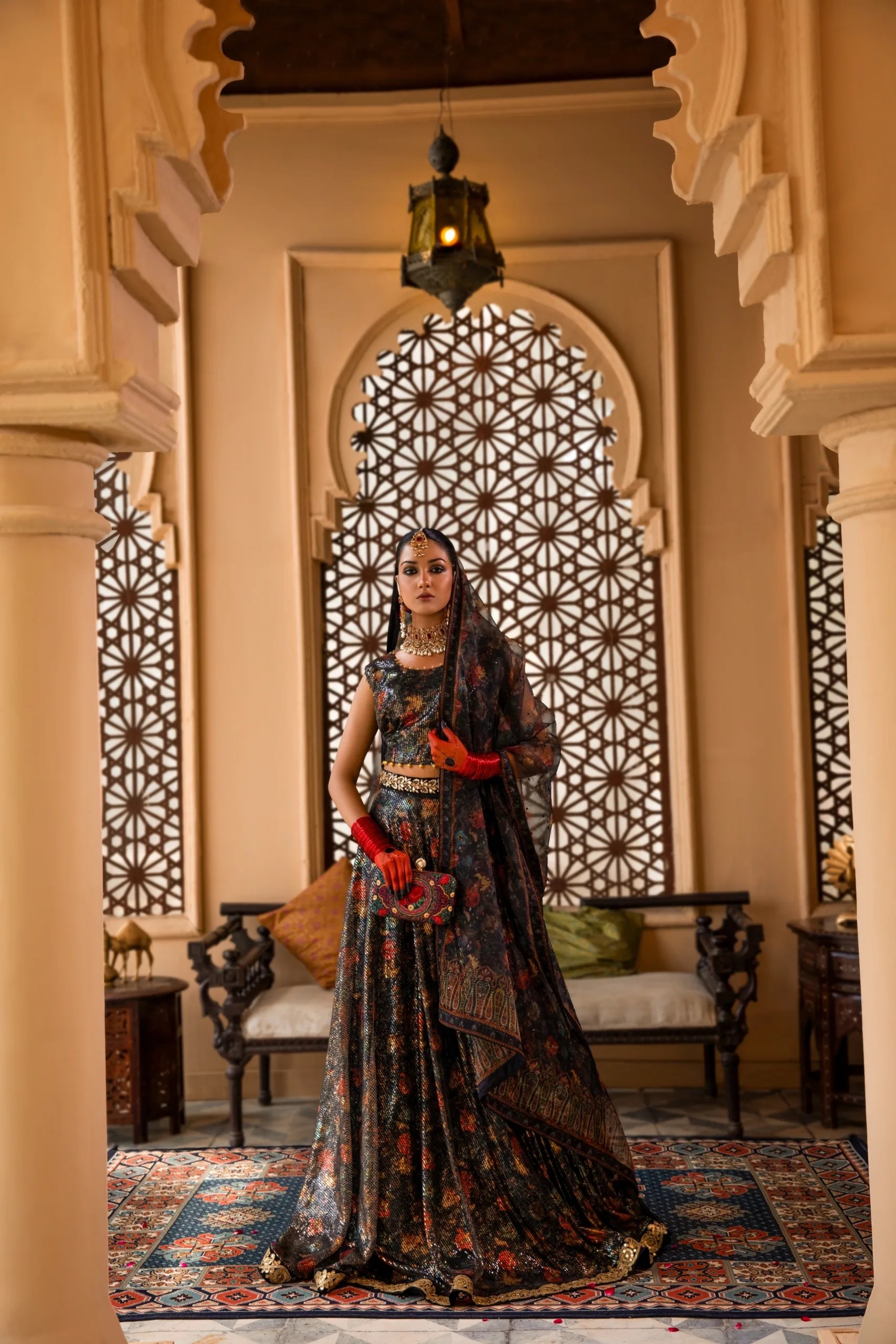 Pakistani Black Floral Embroidered Net A-Line Lehenga (3-Piece) - Image 1