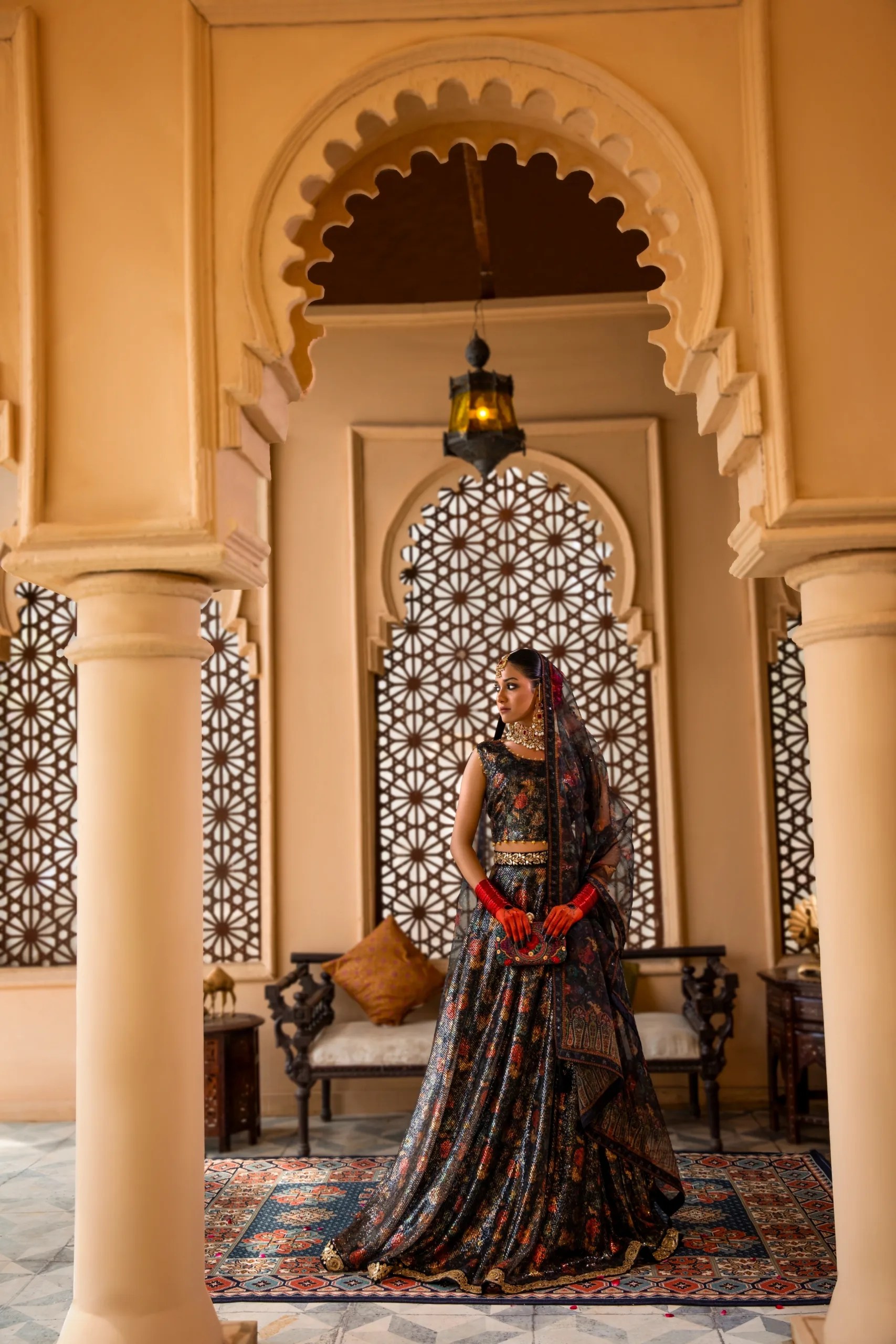 Pakistani Black Floral Embroidered Net A-Line Lehenga (3-Piece) - Image 2