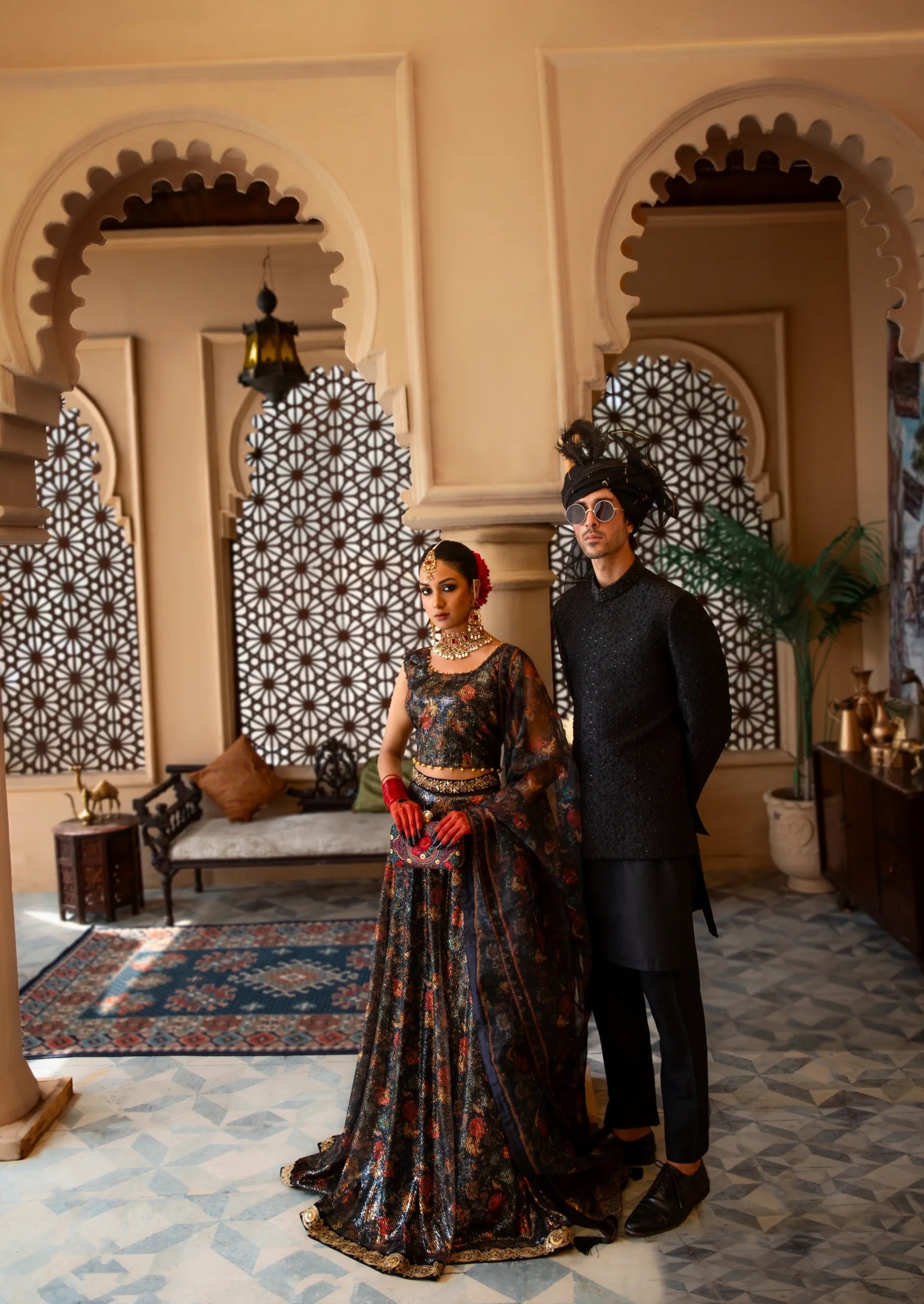 Pakistani Black Floral Embroidered Net A-Line Lehenga (3-Piece) - Image 3