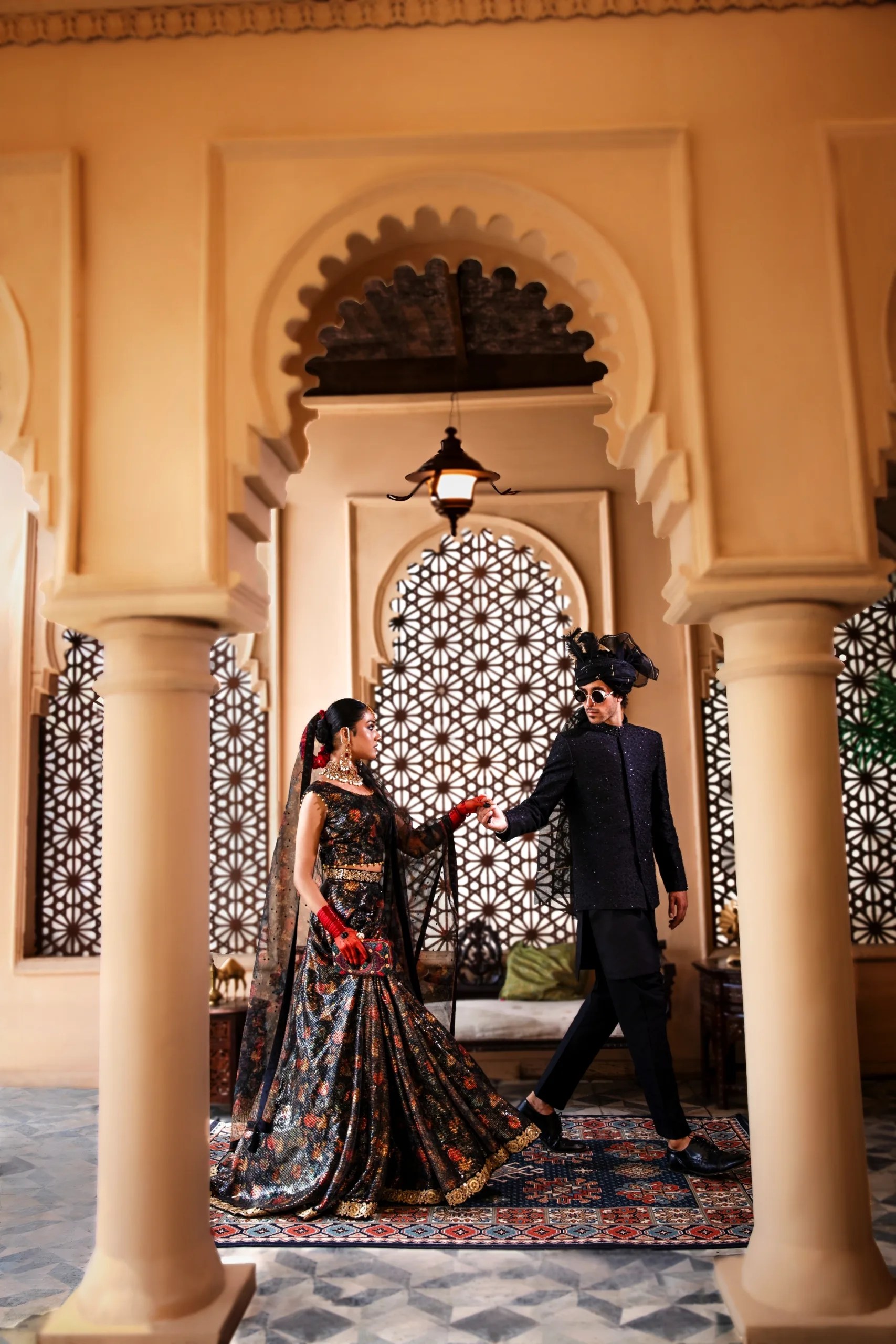 Pakistani Black Floral Embroidered Net A-Line Lehenga (3-Piece) - Image 4