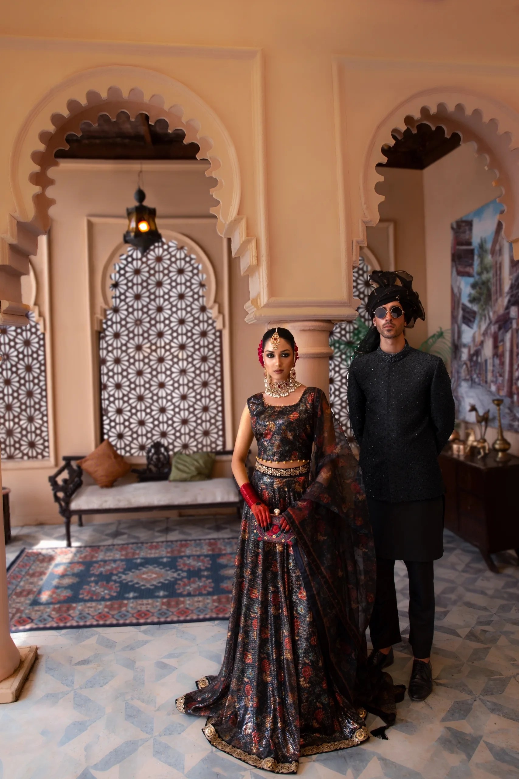 Pakistani Black Floral Embroidered Net A-Line Lehenga (3-Piece) - Image 6