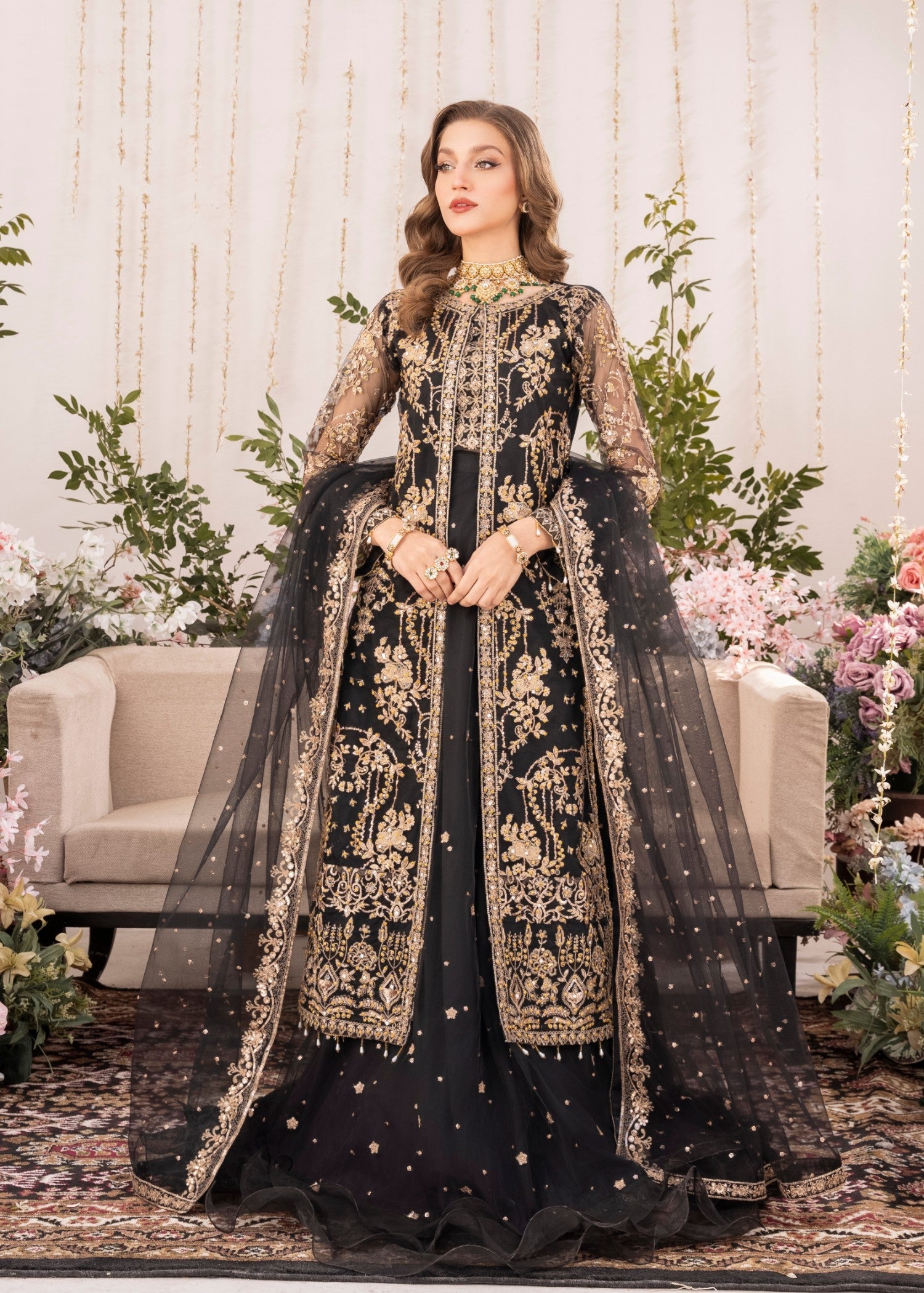 Pakistani Black Embroidered Net Lehenga Gown Set (4-Piece) - Image 1