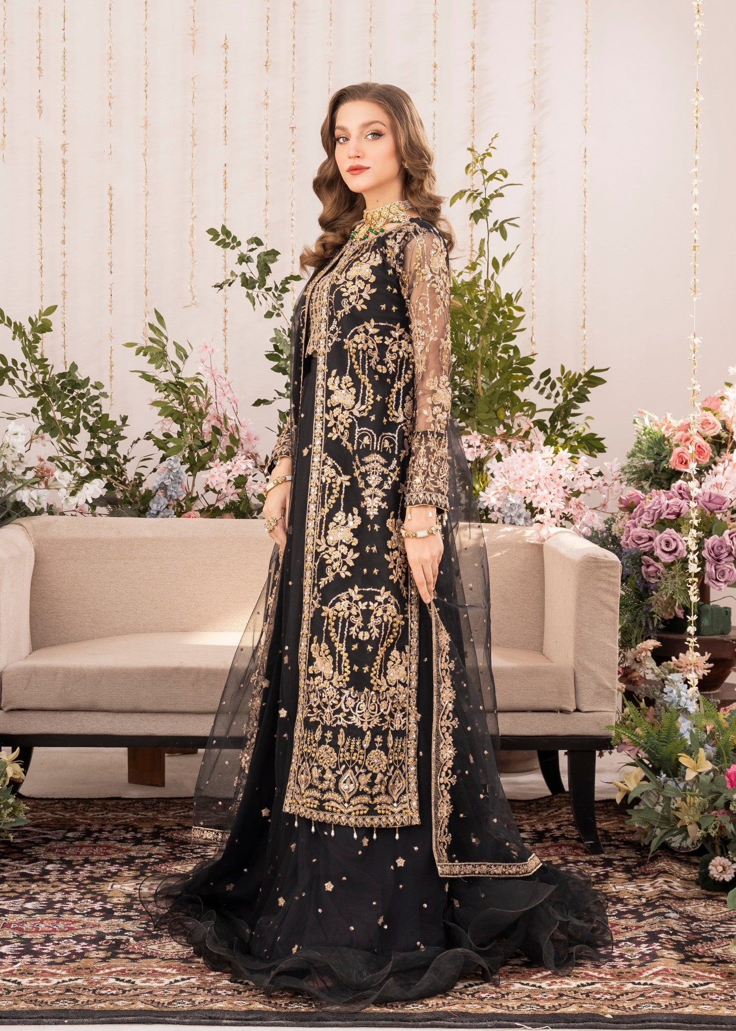 Pakistani Black Embroidered Net Lehenga Gown Set (4-Piece) - Image 2