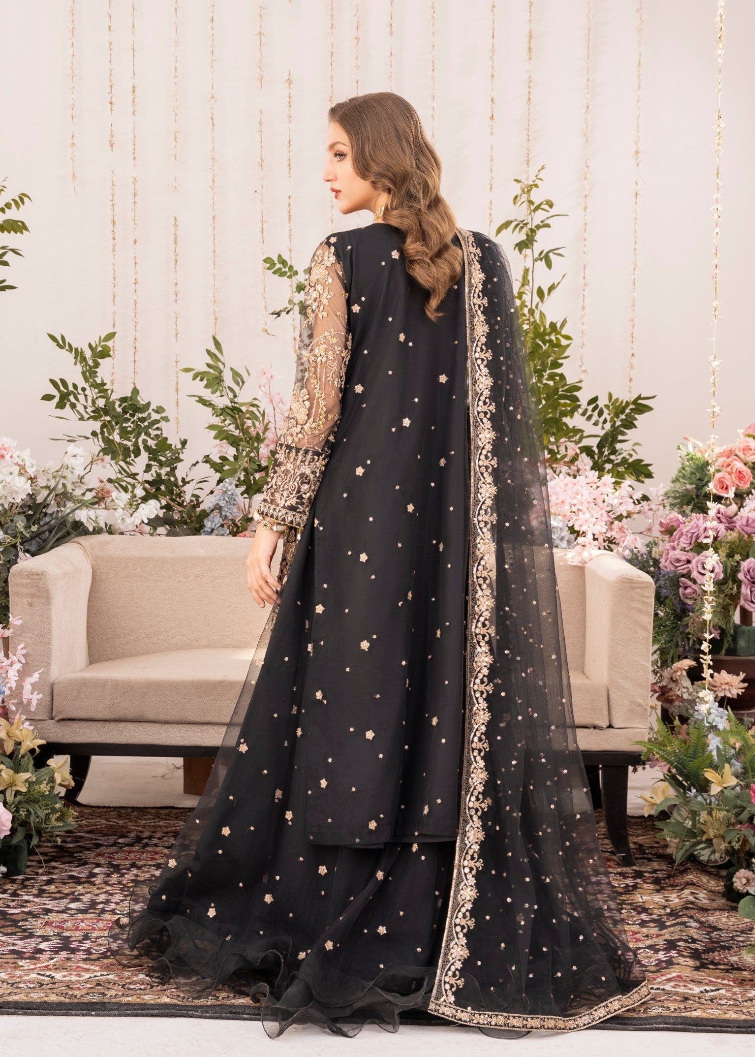 Pakistani Black Embroidered Net Lehenga Gown Set (4-Piece) - Image 3