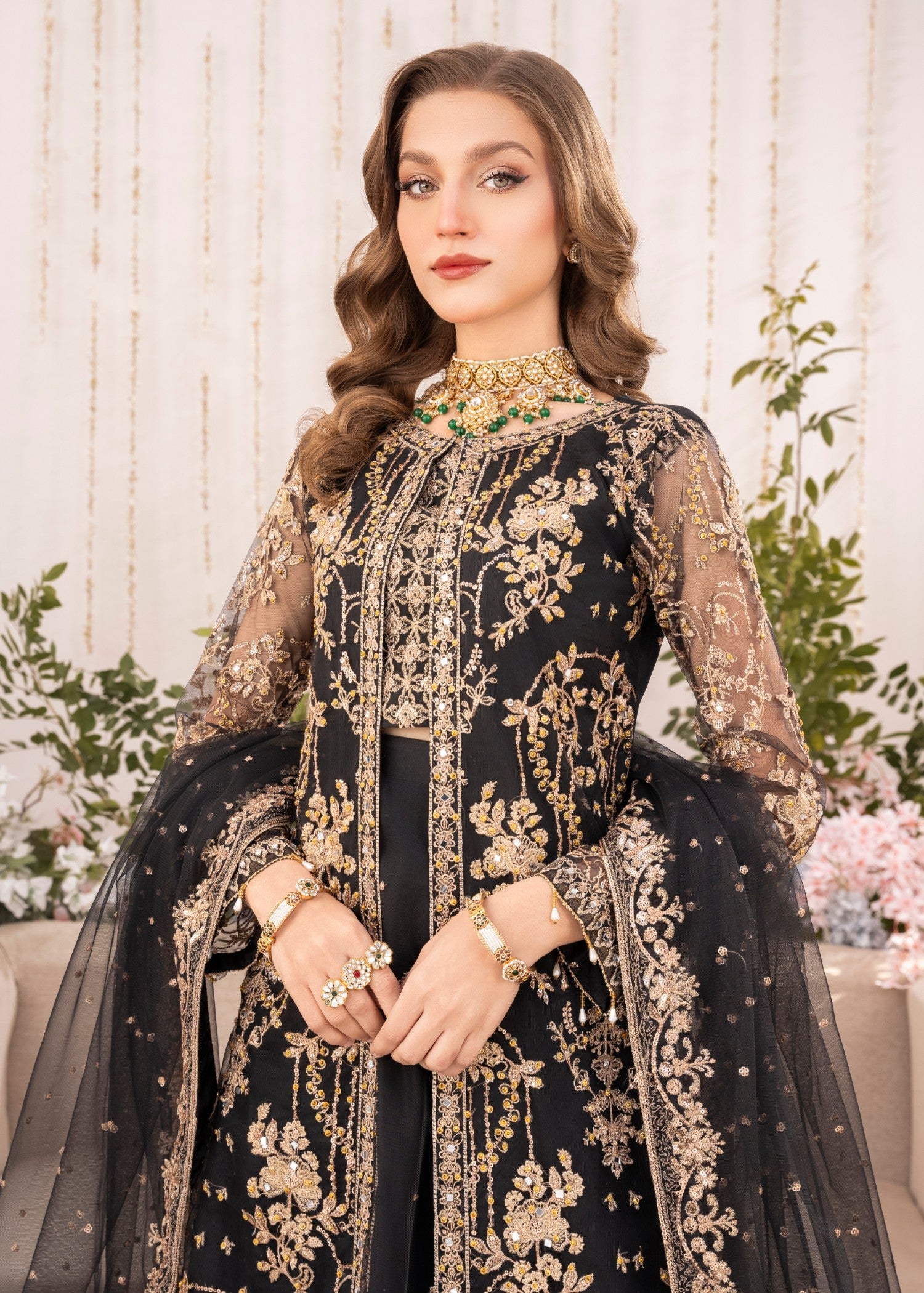 Pakistani Black Embroidered Net Lehenga Gown Set (4-Piece) - Image 4