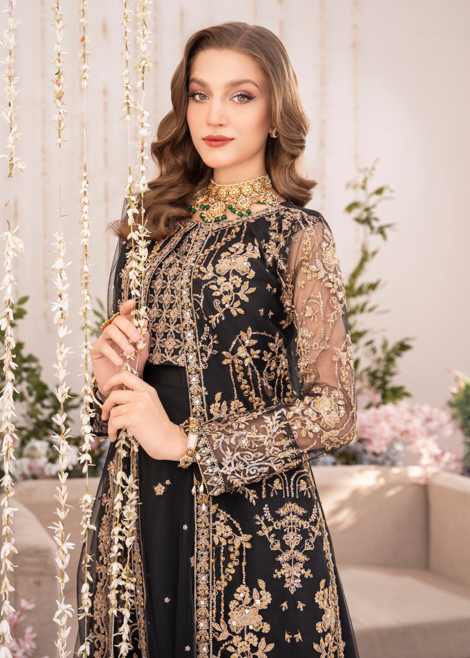 Pakistani Black Embroidered Net Lehenga Gown Set (4-Piece) - Image 5