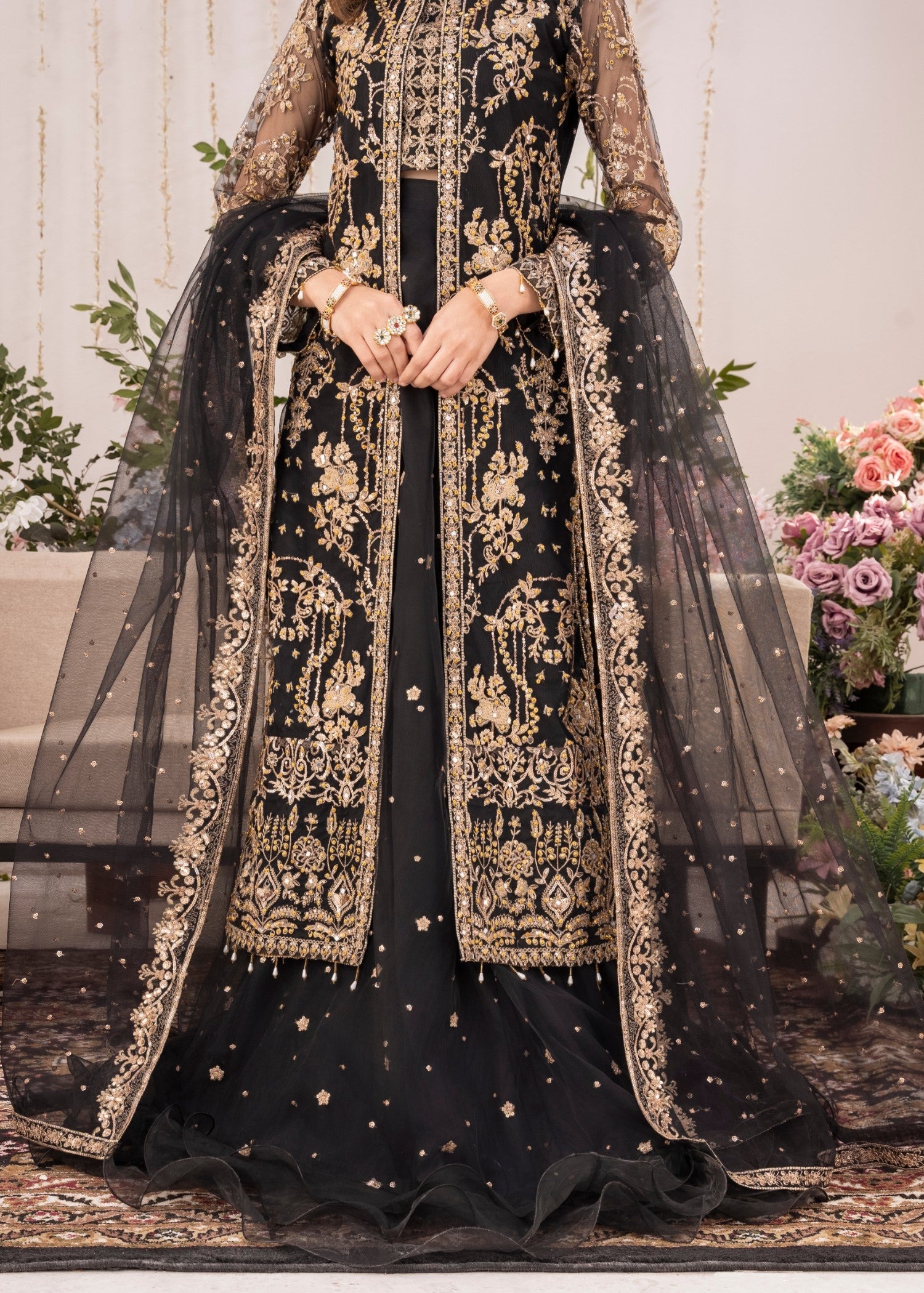 Pakistani Black Embroidered Net Lehenga Gown Set (4-Piece) - Image 6