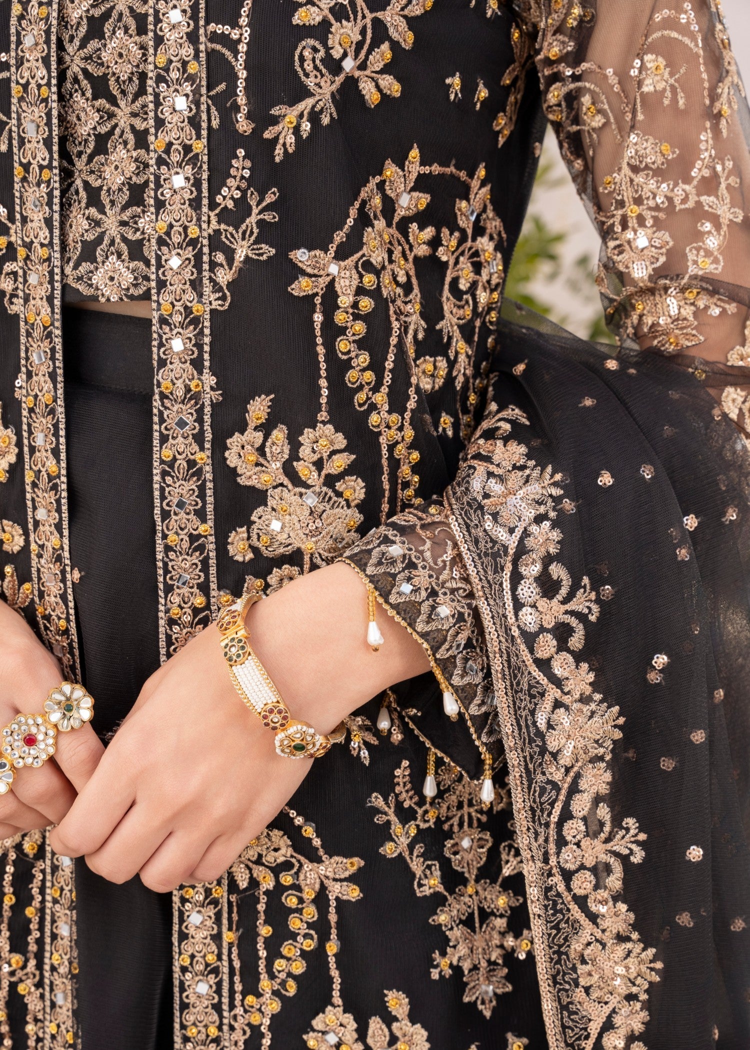 Pakistani Black Embroidered Net Lehenga Gown Set (4-Piece) - Image 7