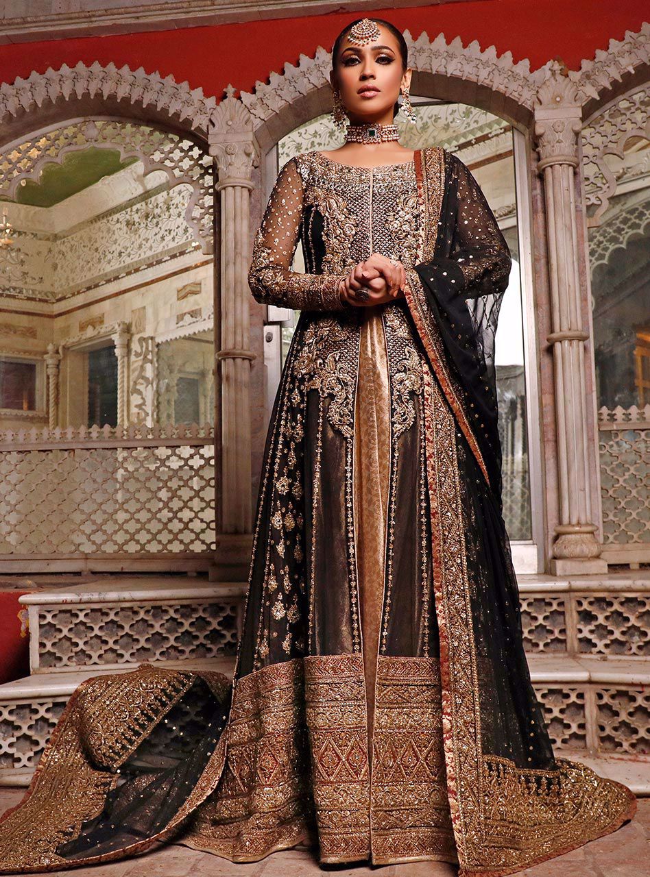 Pakistani Black & Gold Embroidered Net Bridal Lehenga (3-Piece) - Image 1