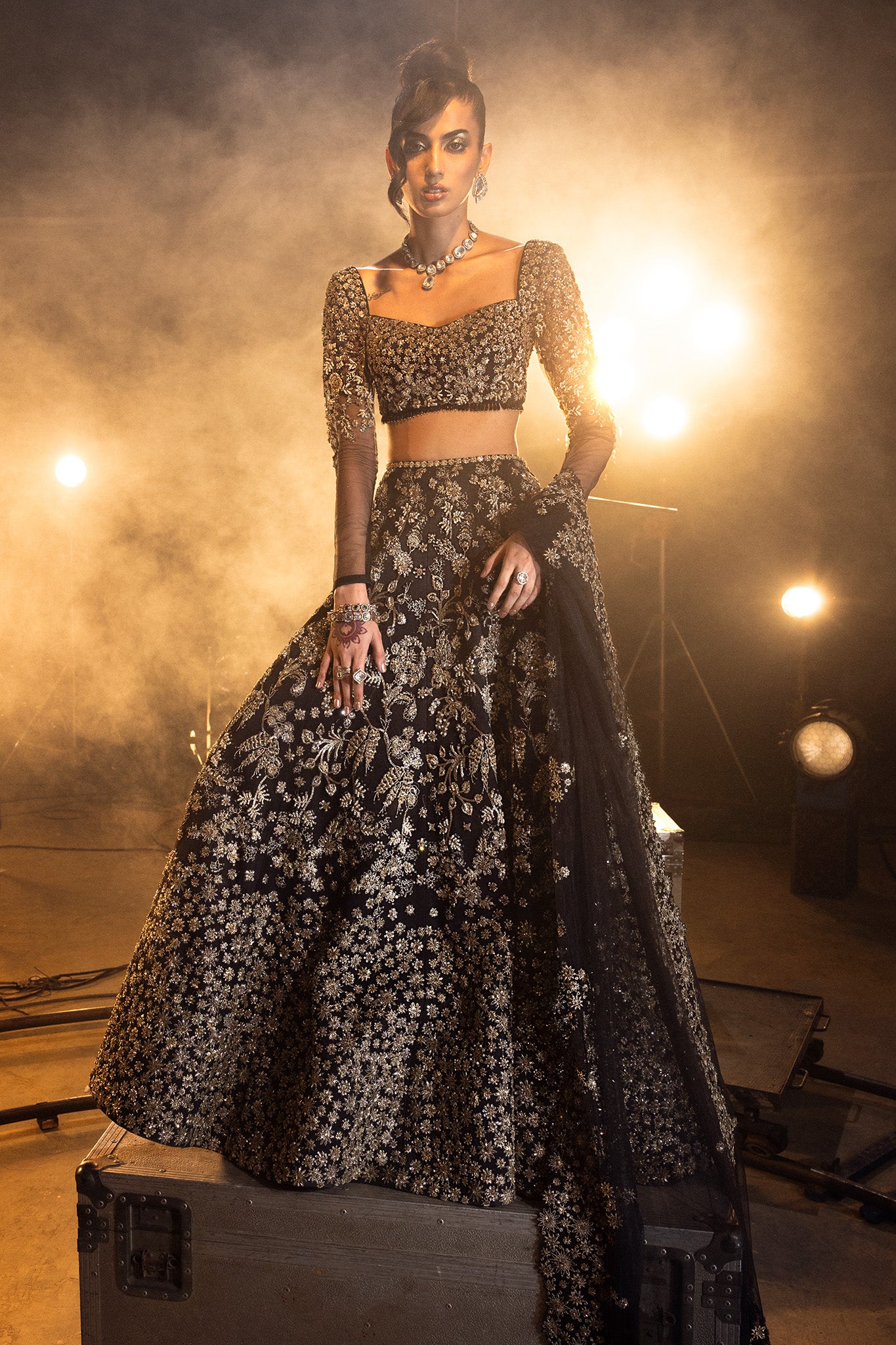 Pakistani Black Gold Embroidered Net Lehenga Choli (3-Piece) - Image 1