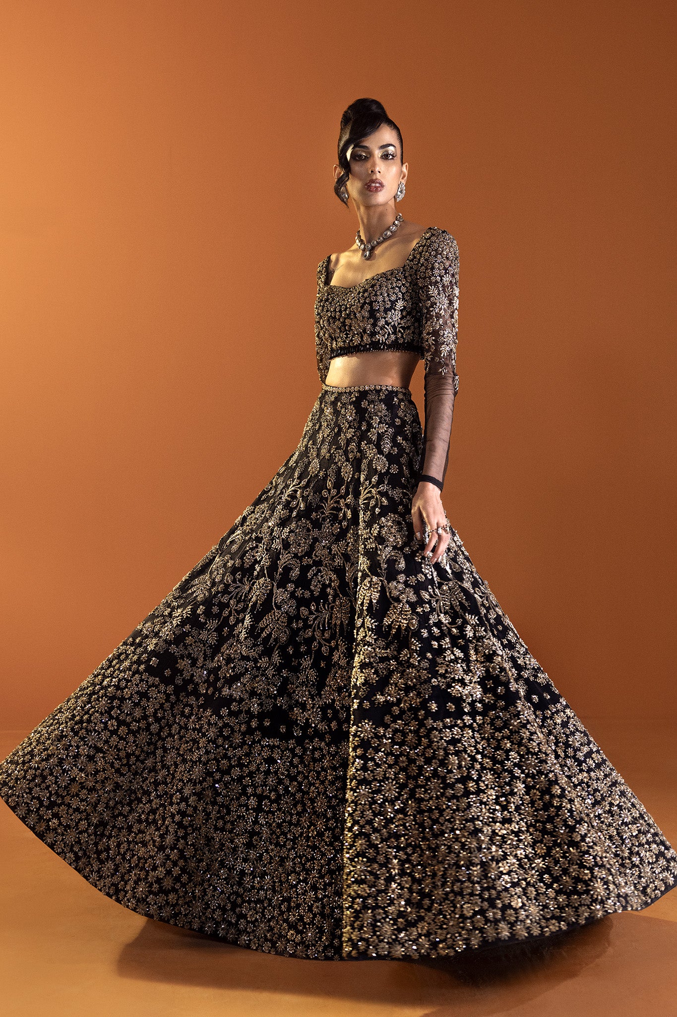 Pakistani Black Gold Embroidered Net Lehenga Choli (3-Piece) - Image 2