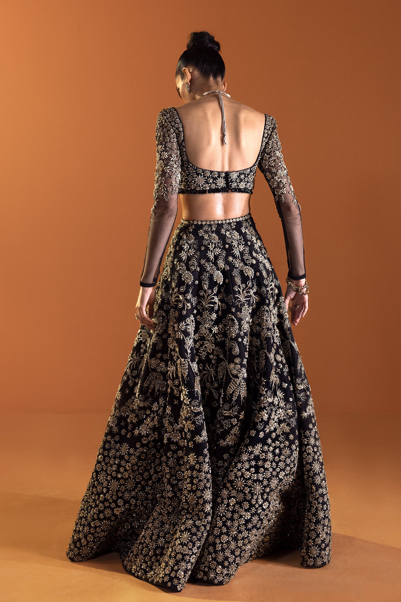 Pakistani Black Gold Embroidered Net Lehenga Choli (3-Piece) - Image 3