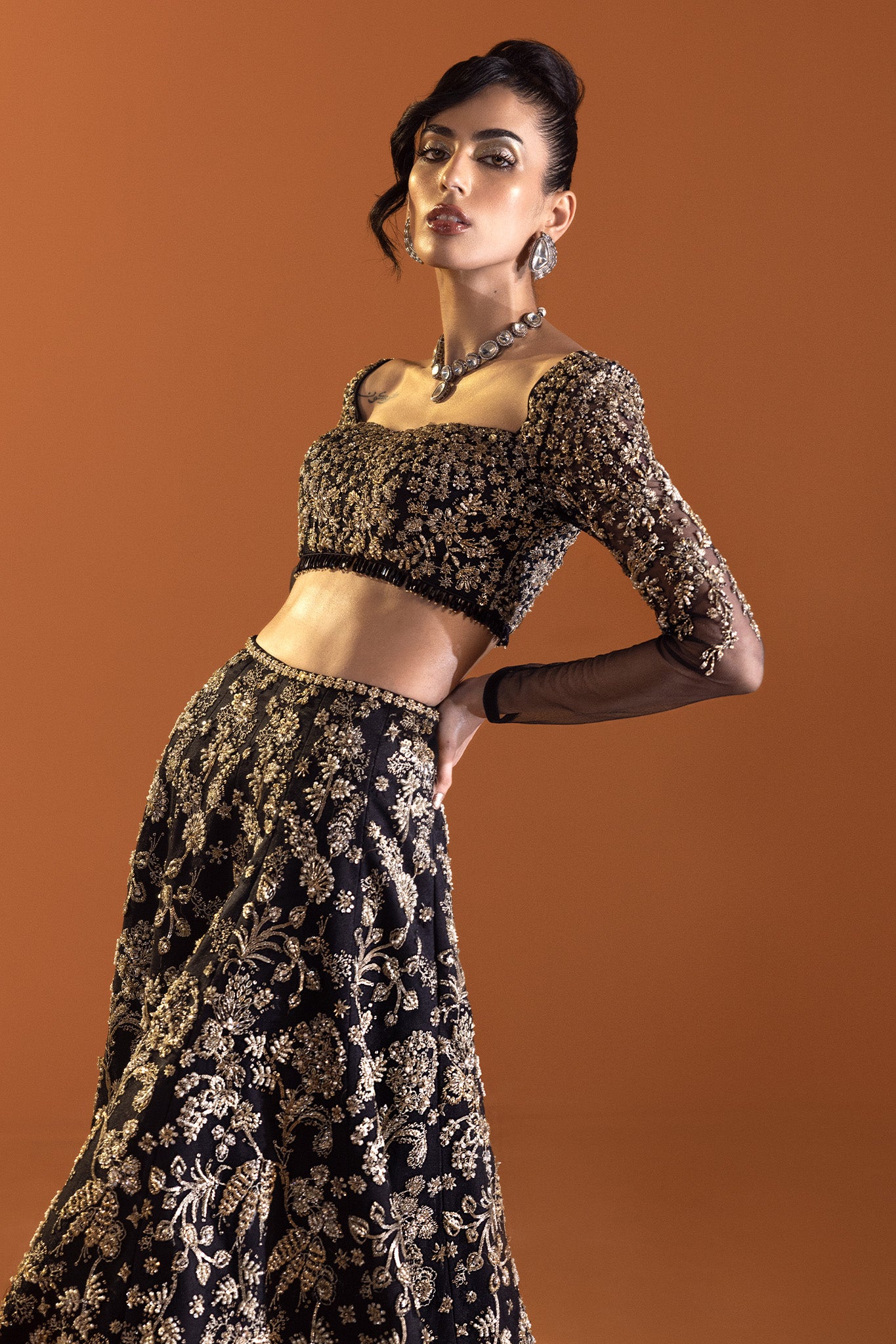 Pakistani Black Gold Embroidered Net Lehenga Choli (3-Piece) - Image 4