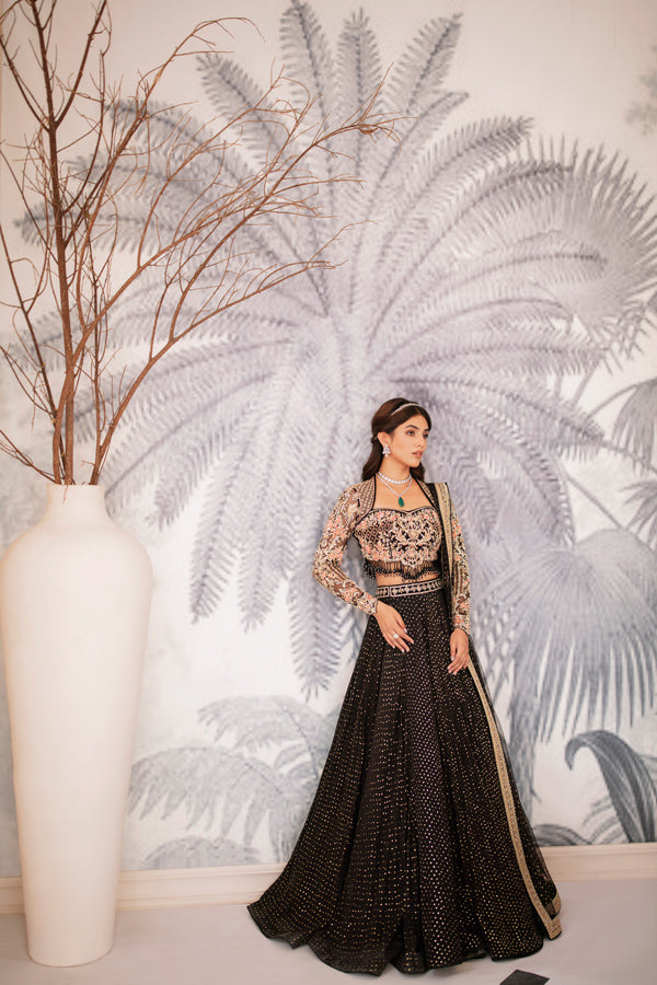 Pakistani Black Mukaish Embroidered Net Lehenga (3-Piece) - Image 2