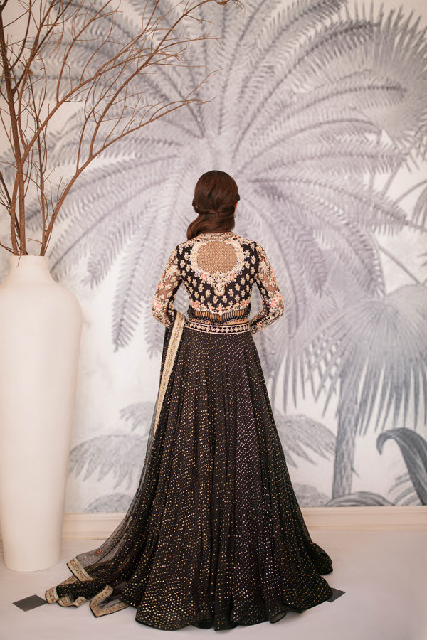 Pakistani Black Mukaish Embroidered Net Lehenga (3-Piece) - Image 3
