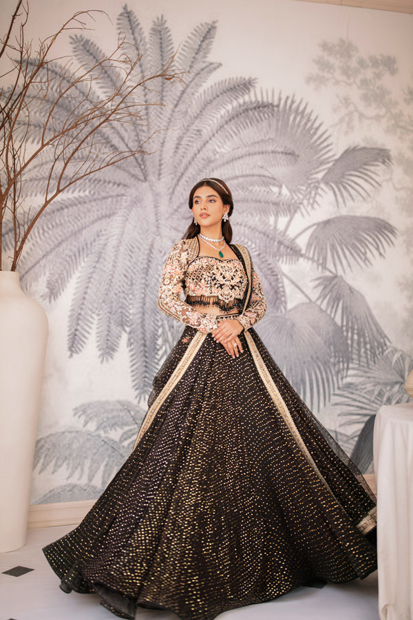 Pakistani Black Mukaish Embroidered Net Lehenga (3-Piece) - Image 4