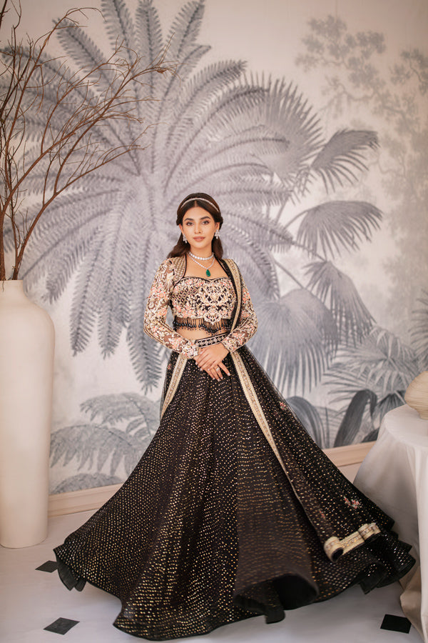 Pakistani Black Mukaish Embroidered Net Lehenga (3-Piece) - Image 5