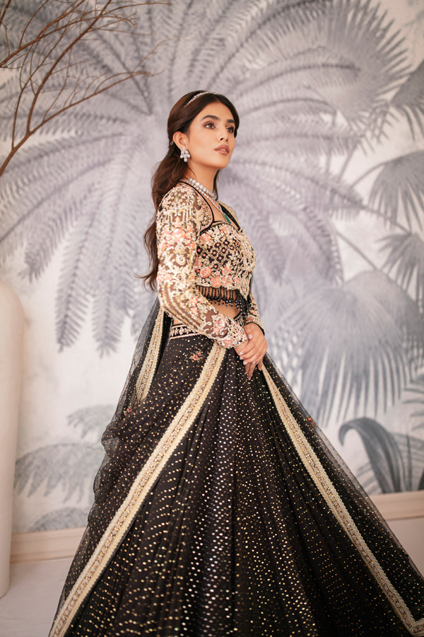 Pakistani Black Mukaish Embroidered Net Lehenga (3-Piece) - Image 6