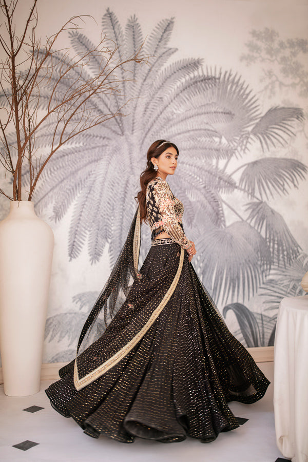 Pakistani Black Mukaish Embroidered Net Lehenga (3-Piece) - Image 7