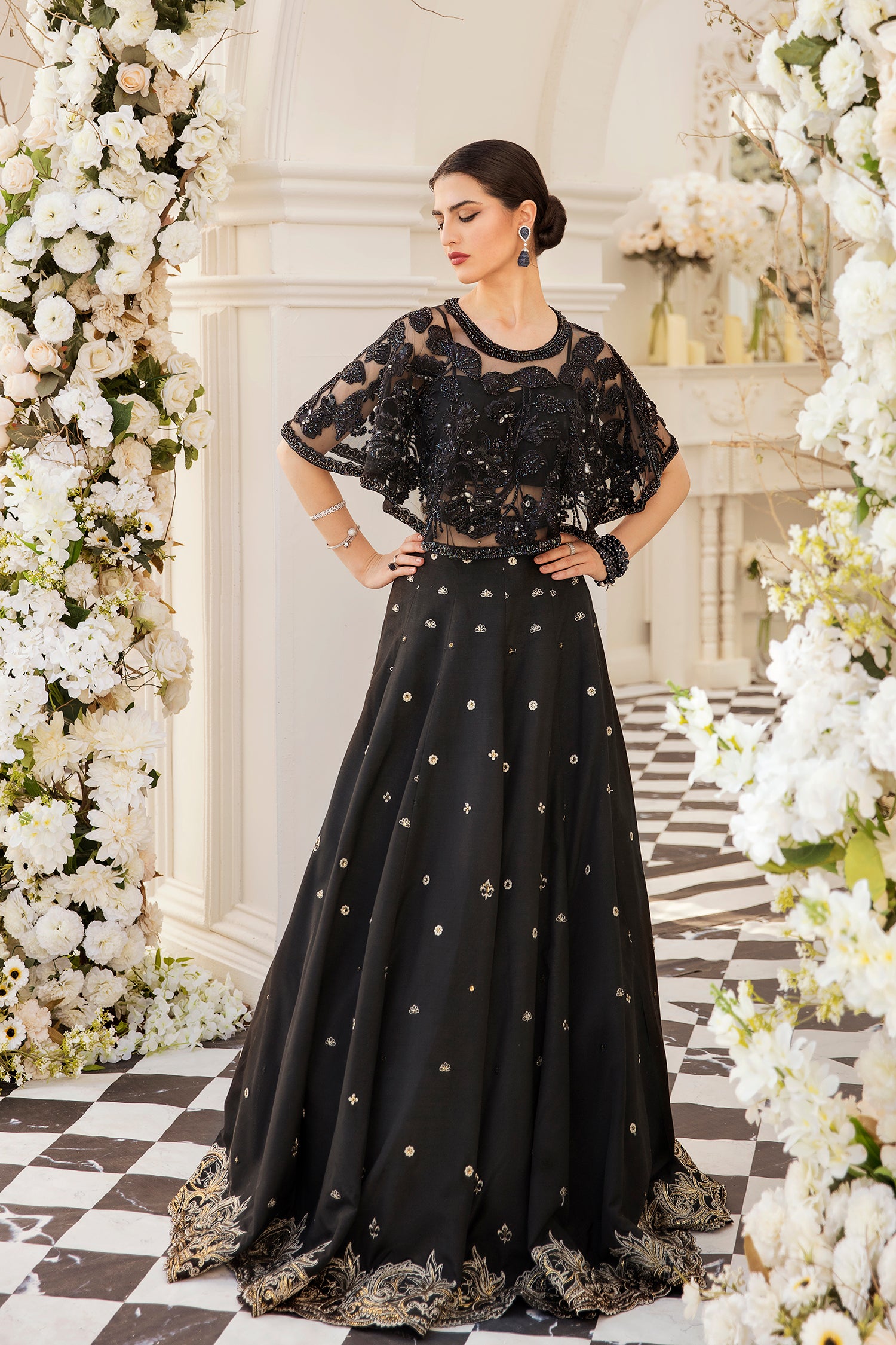 Pakistani Black Beaded Net Cape and Lehenga (2-Piece) - Image 1