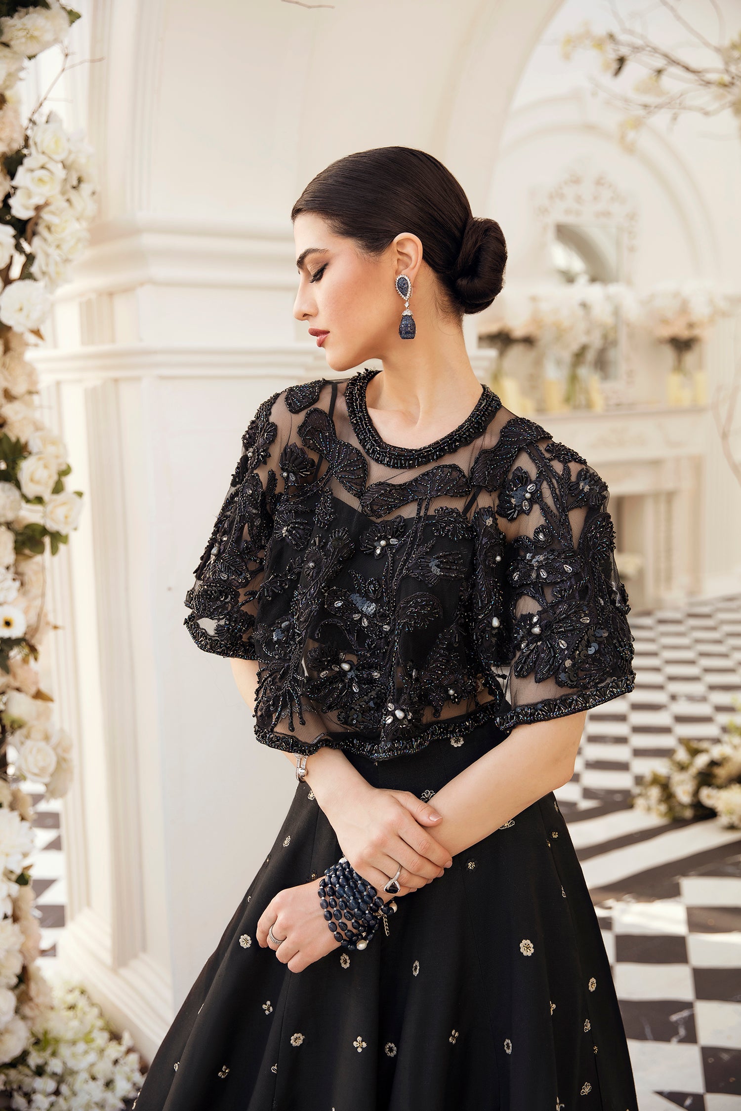 Pakistani Black Beaded Net Cape and Lehenga (2-Piece) - Image 2