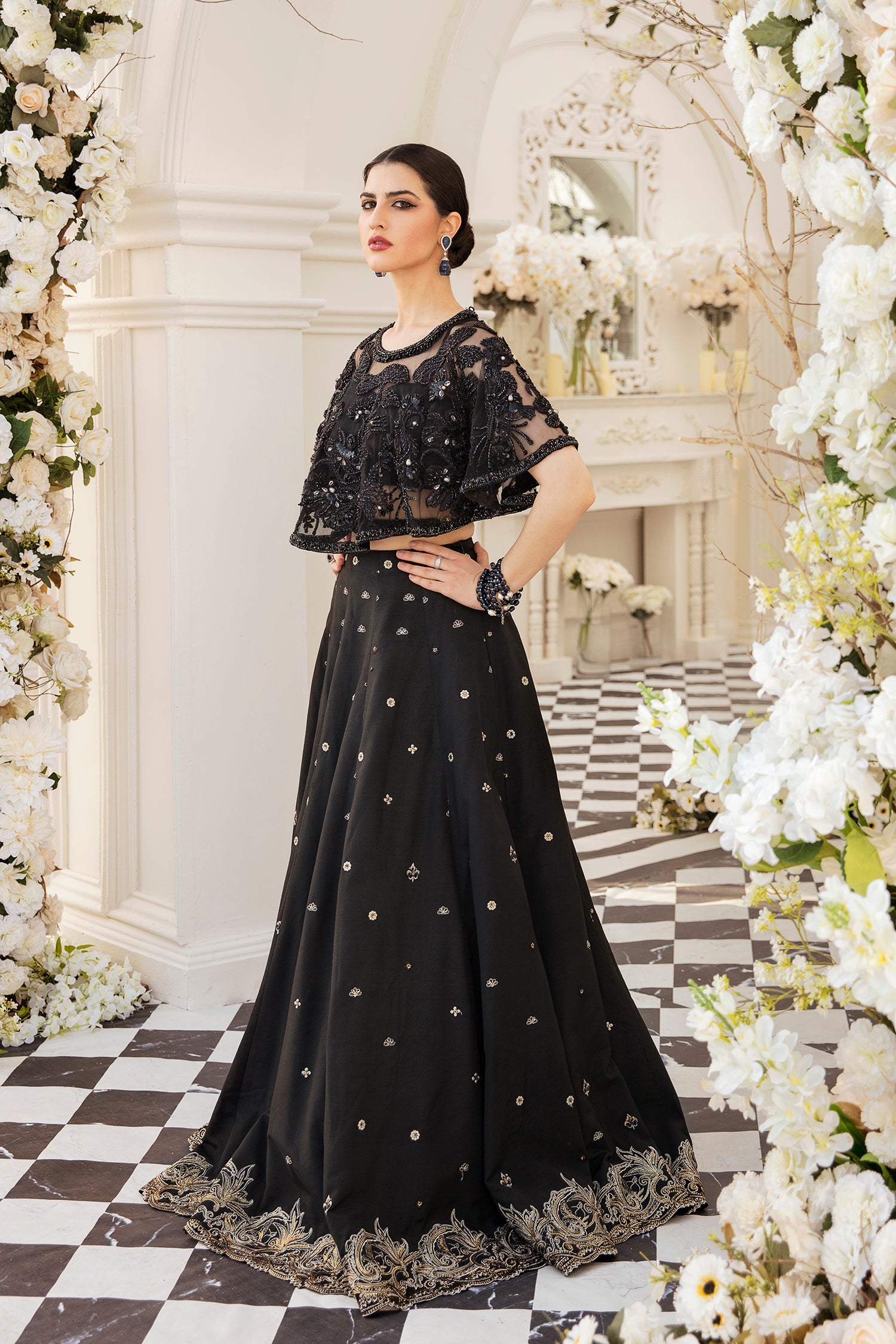 Pakistani Black Beaded Net Cape and Lehenga (2-Piece) - Image 3