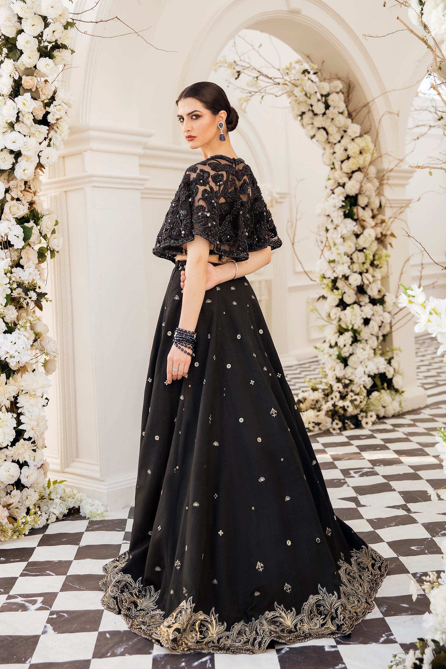 Pakistani Black Beaded Net Cape and Lehenga (2-Piece) - Image 4