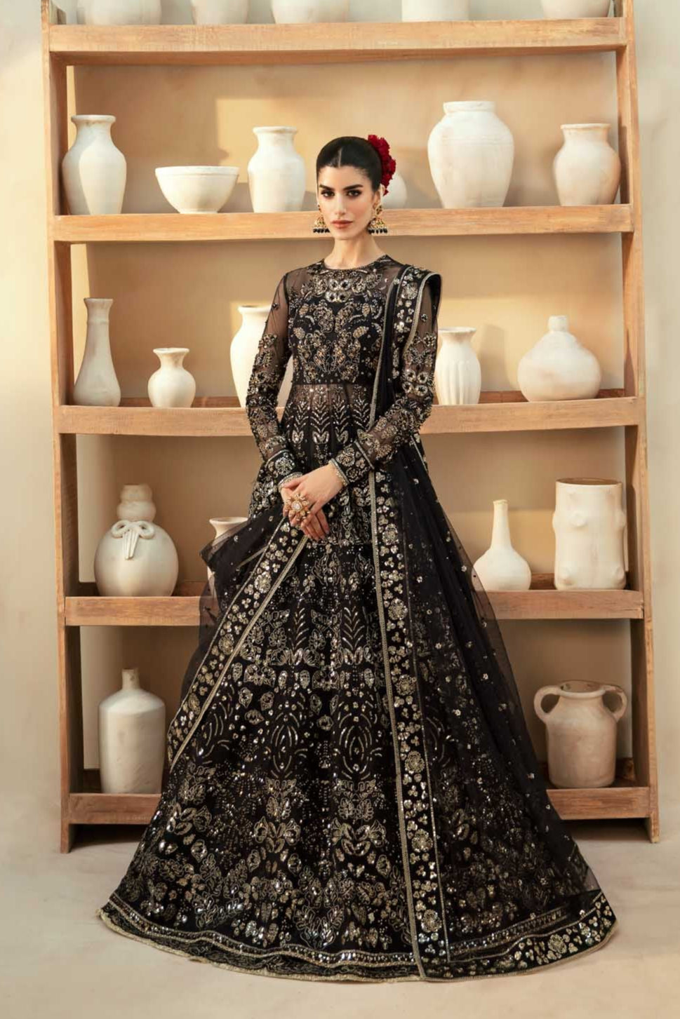 Pakistani Black Hand-Embellished Organza Lehenga (3-Piece) - Image 1