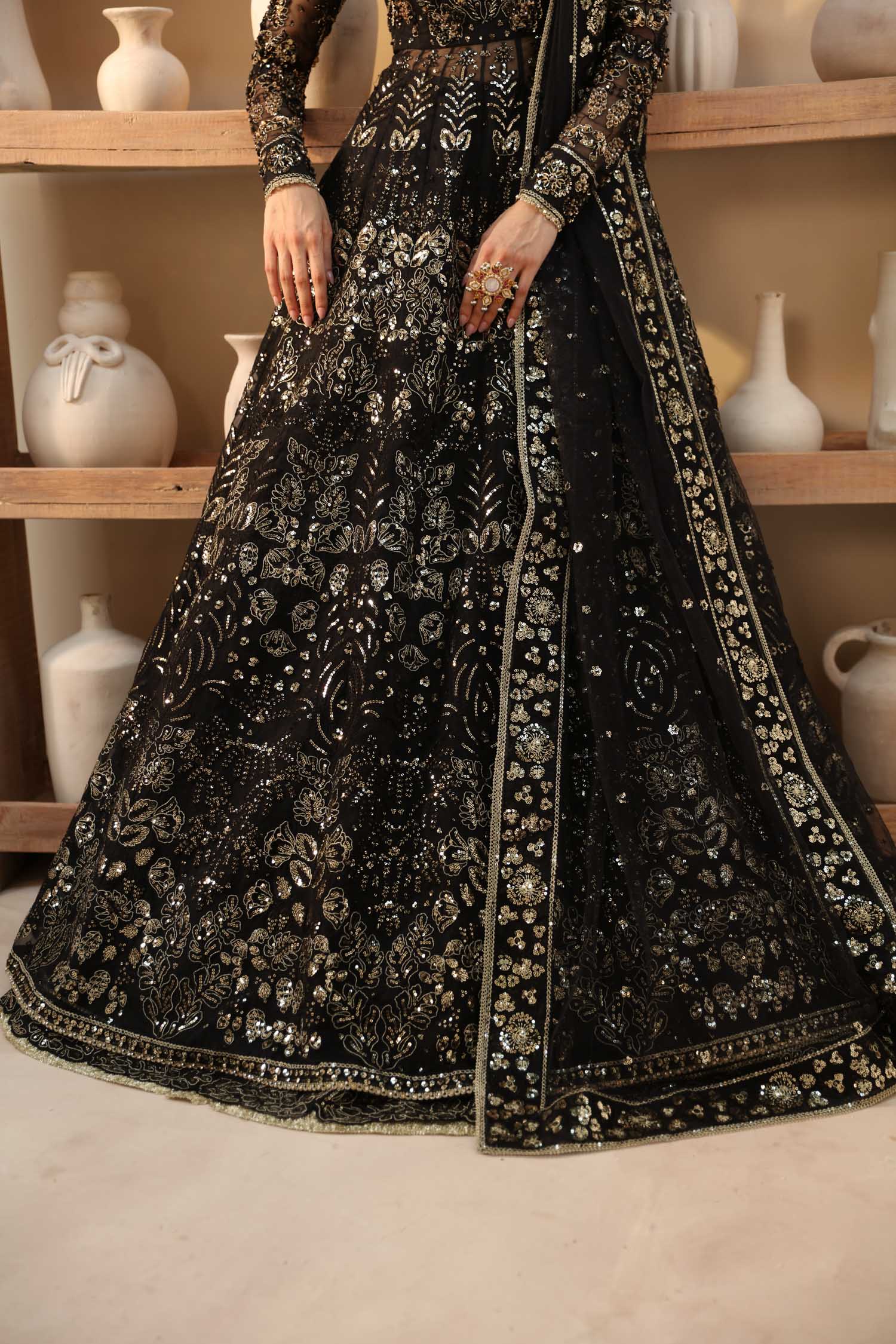 Pakistani Black Hand-Embellished Organza Lehenga (3-Piece) - Image 11