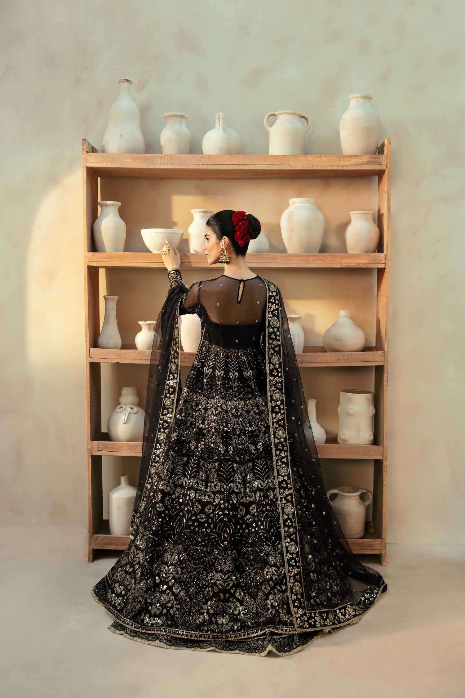 Pakistani Black Hand-Embellished Organza Lehenga (3-Piece) - Image 13