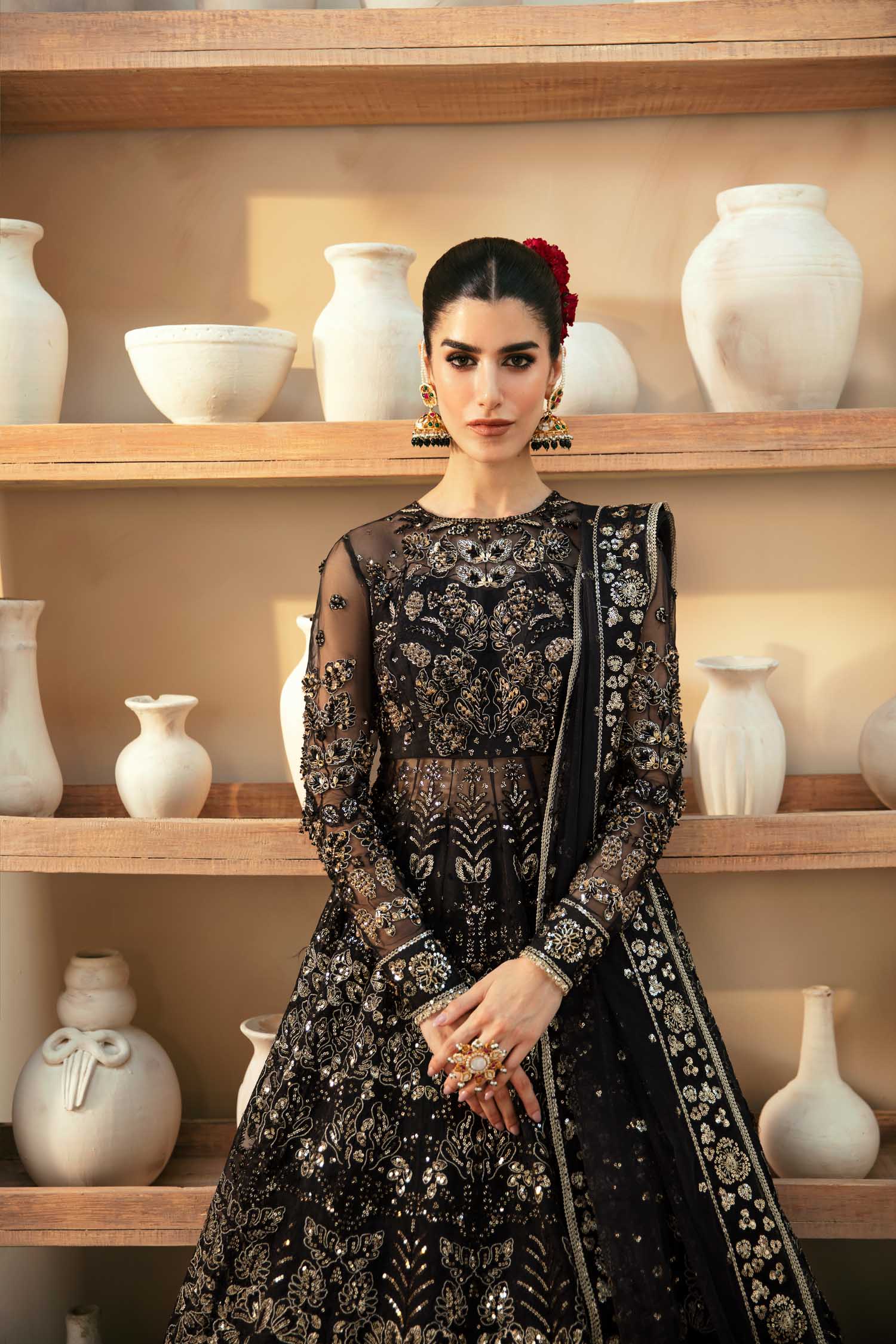 Pakistani Black Hand-Embellished Organza Lehenga (3-Piece) - Image 2