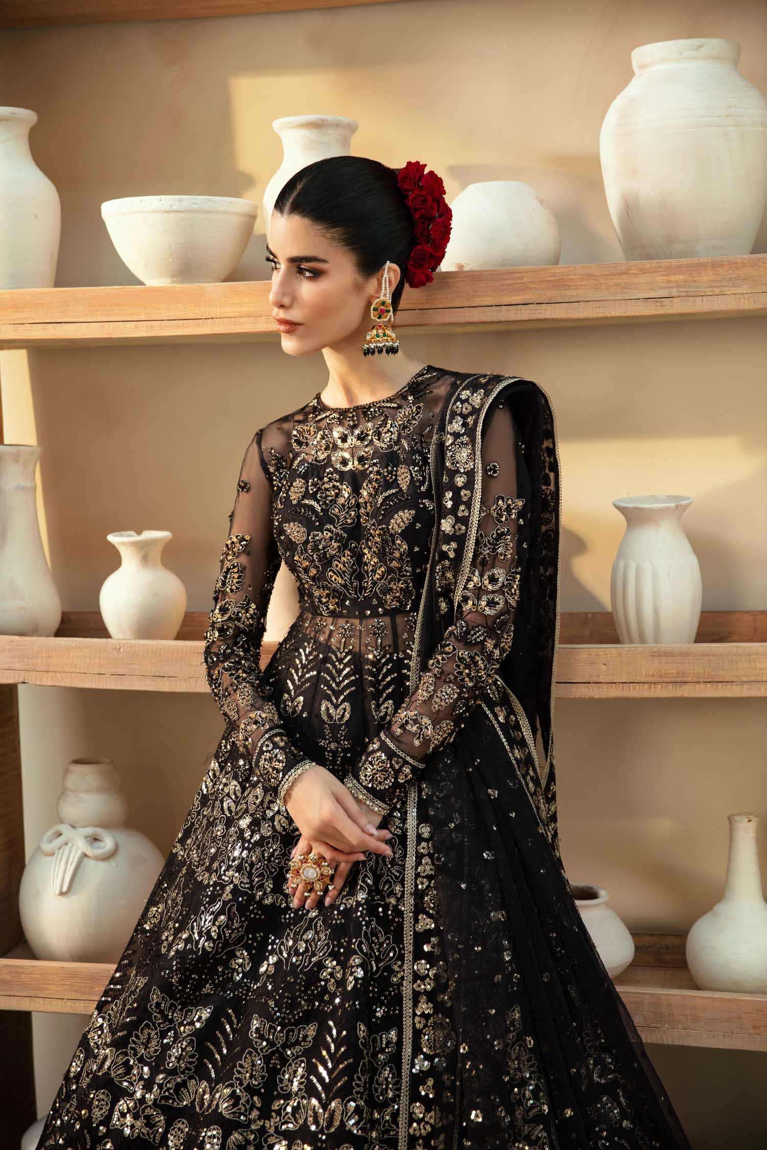 Pakistani Black Hand-Embellished Organza Lehenga (3-Piece) - Image 3