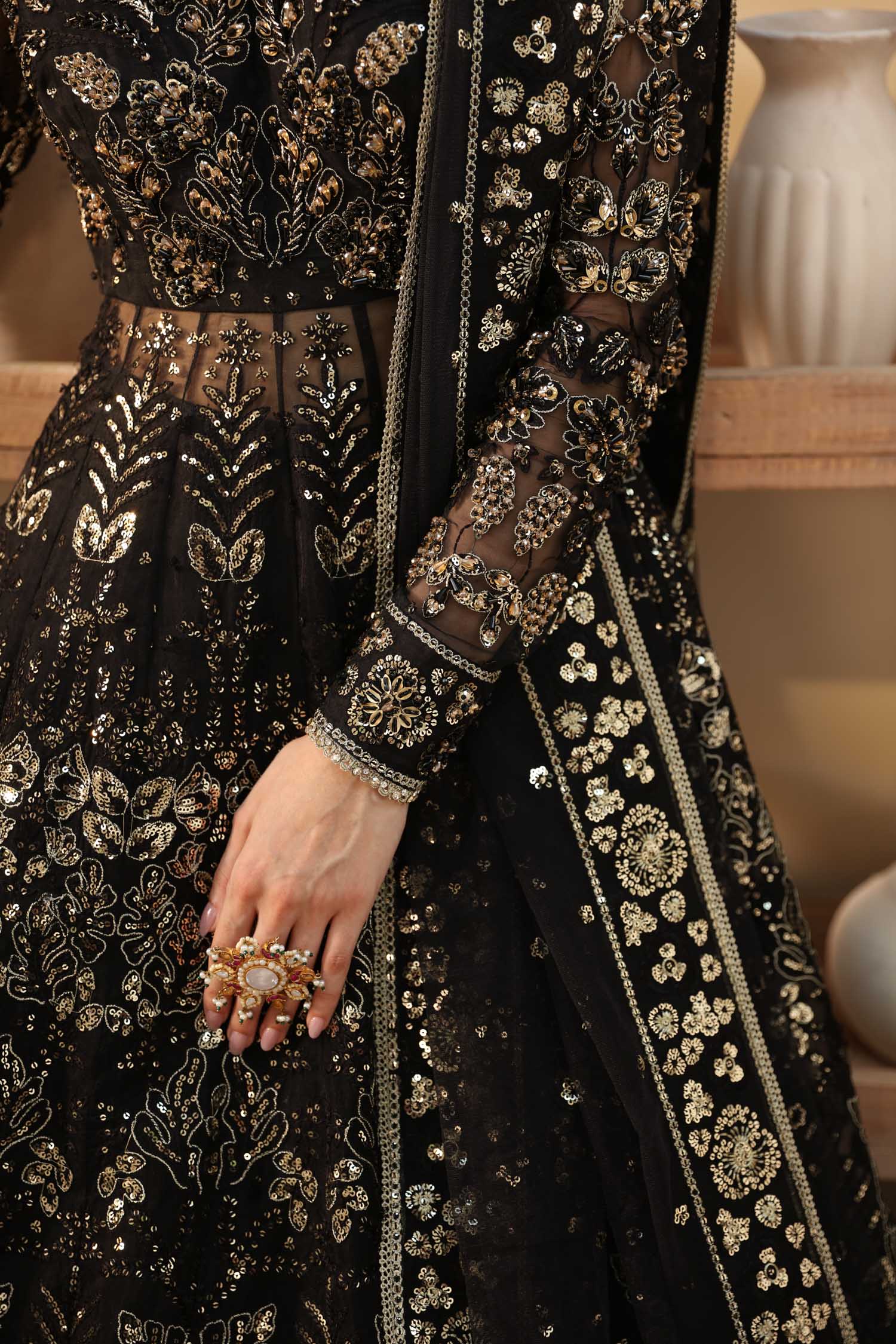 Pakistani Black Hand-Embellished Organza Lehenga (3-Piece) - Image 5