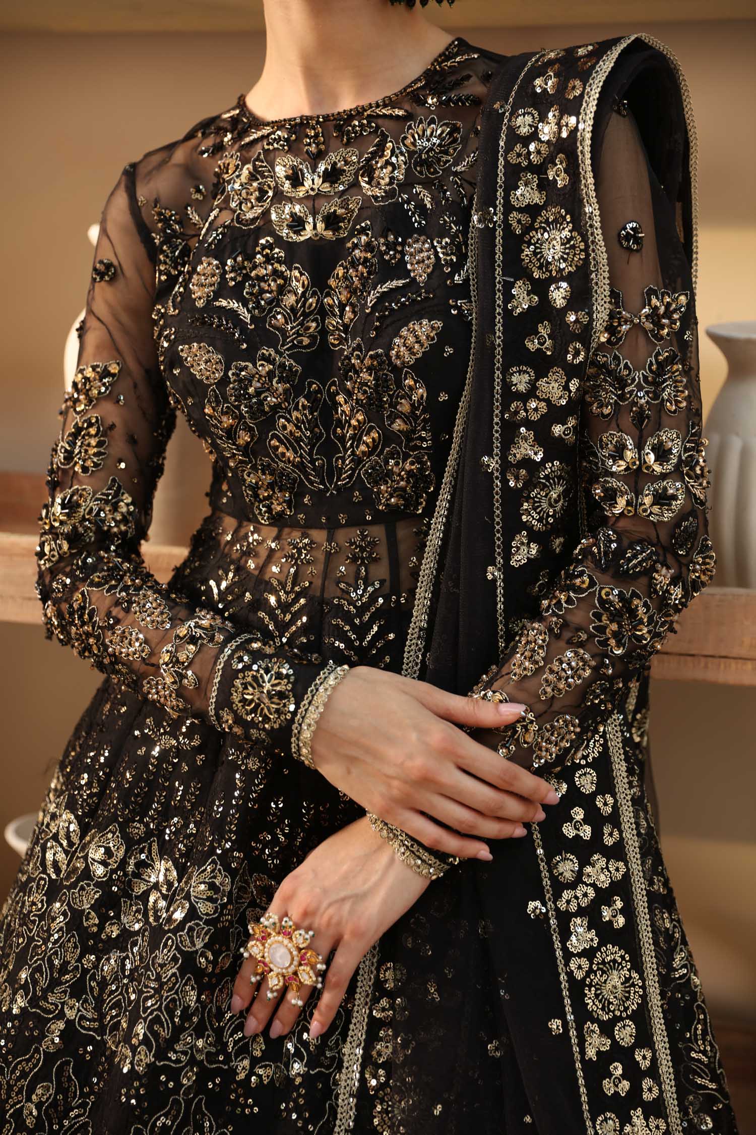 Pakistani Black Hand-Embellished Organza Lehenga (3-Piece) - Image 8