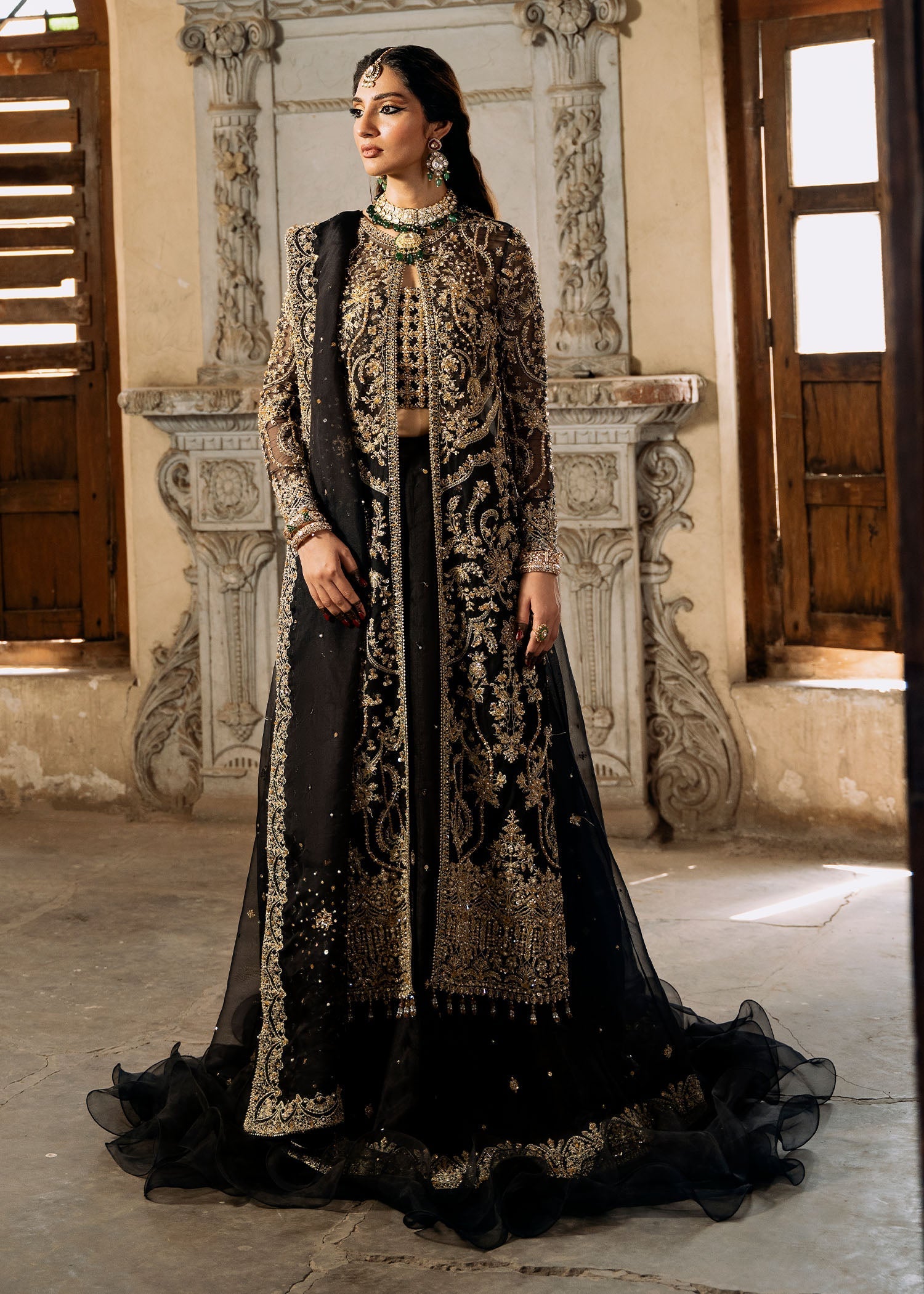 Black Embellished Kathan Organza Lehenga (3-Piece) - Image 2