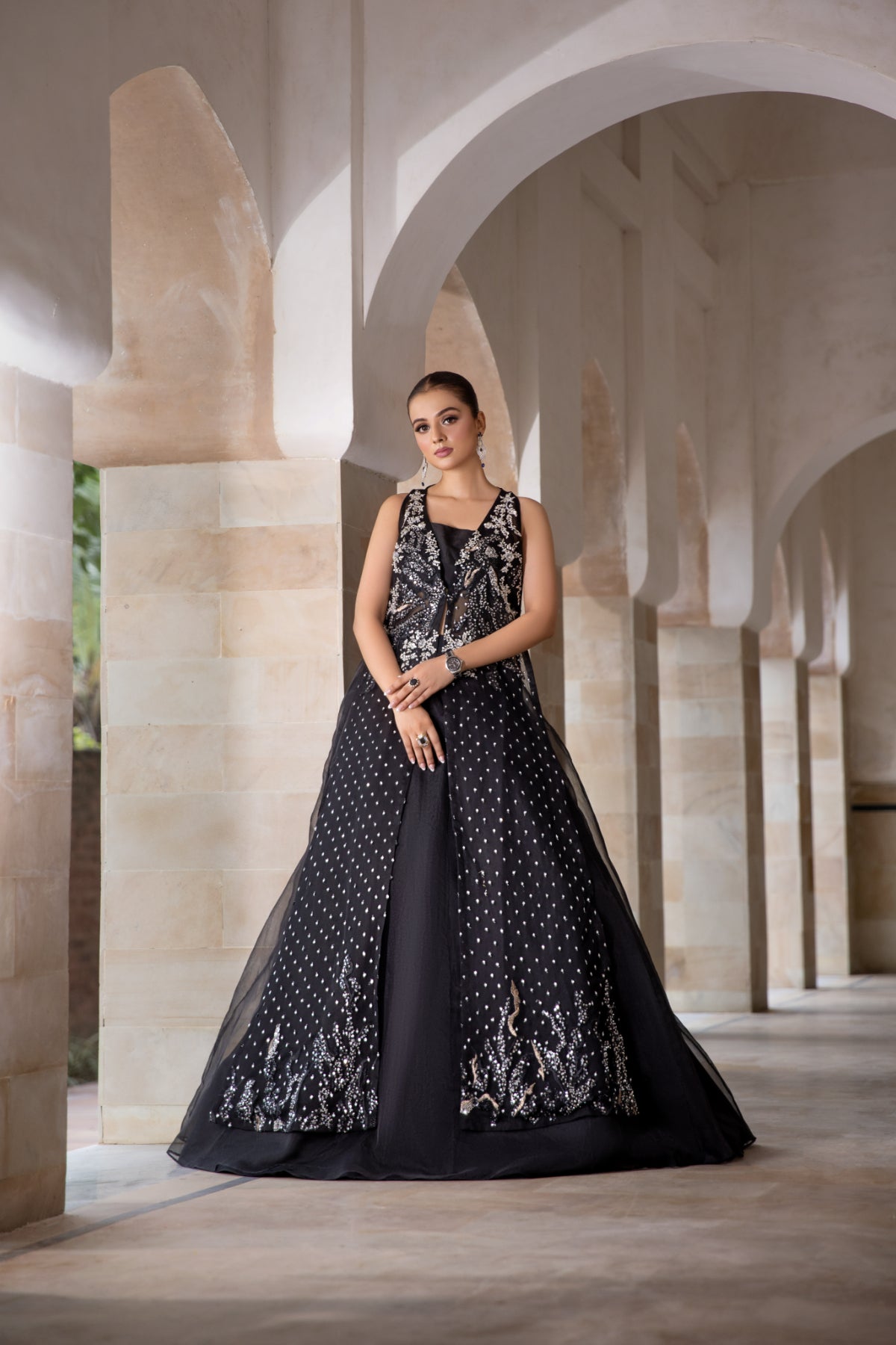 Black Sequined Net Gown with Organza Lehenga (2-Piece) - Image 1