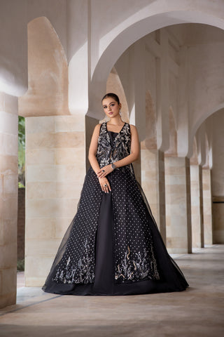 Black Sequined Net Gown with Organza Lehenga (2-Piece) - Image 2