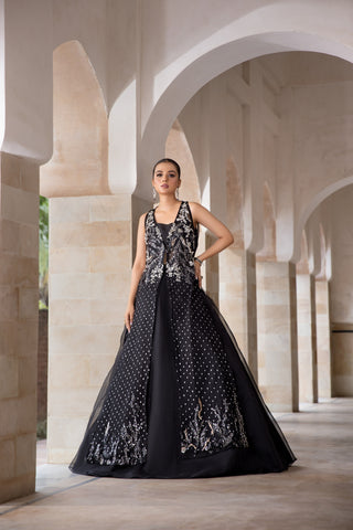 Black Sequined Net Gown with Organza Lehenga (2-Piece) - Image 5