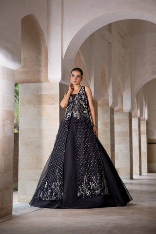 Black Sequined Net Gown with Organza Lehenga (2-Piece) - Image 6